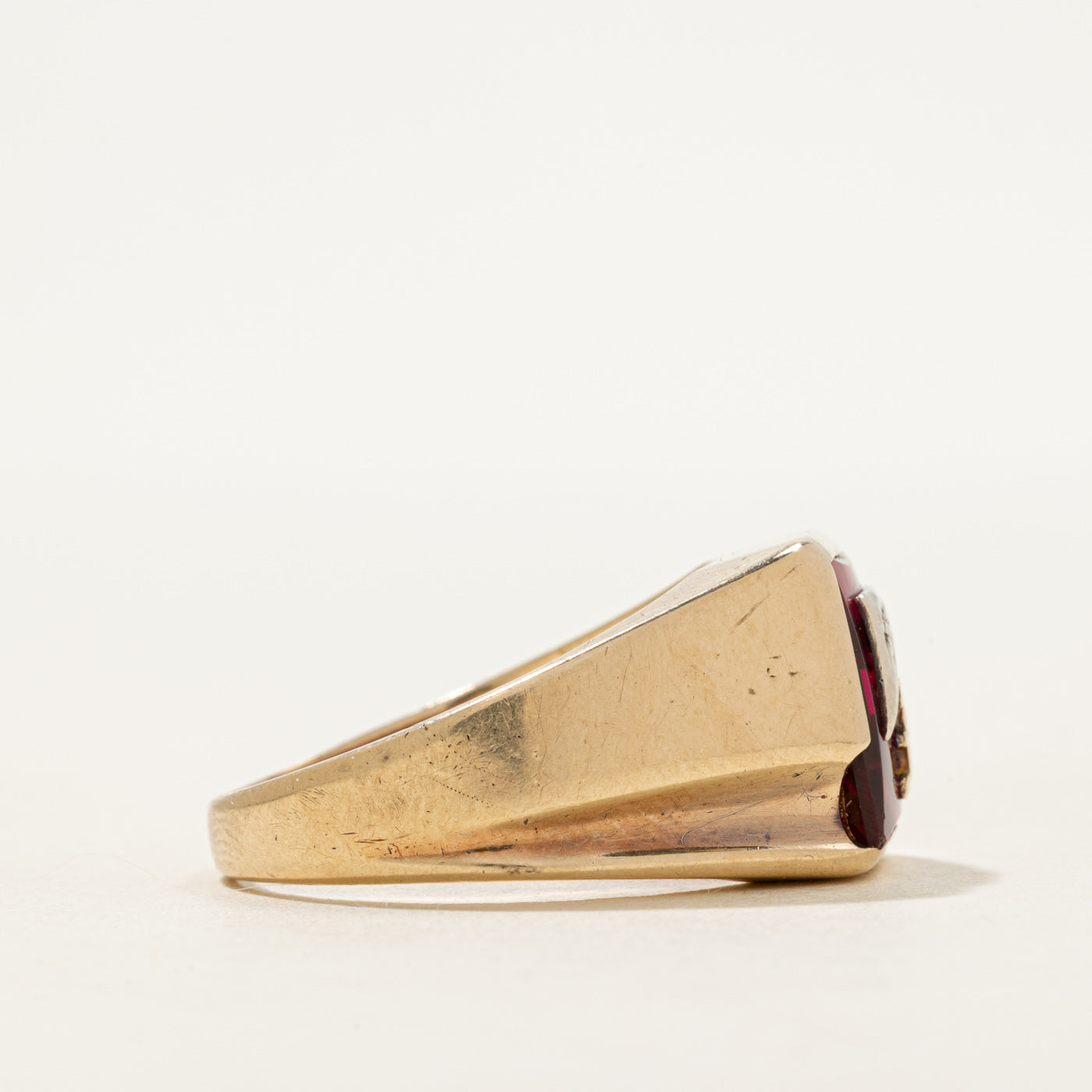 Bezel Set Synthetic Ruby "E" Signet Ring | SZ 12