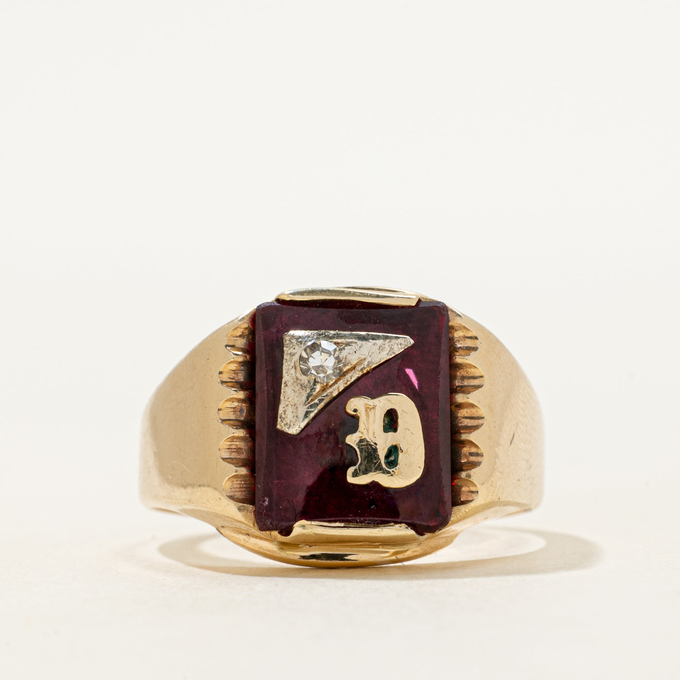 Synthetic Ruby & Natural Diamond "D" Signet Ring | SZ 10.5