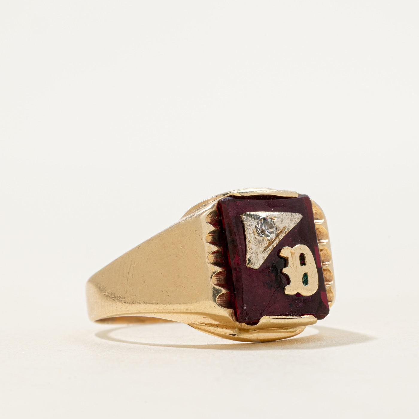 Synthetic Ruby & Natural Diamond "D" Signet Ring | SZ 10.5