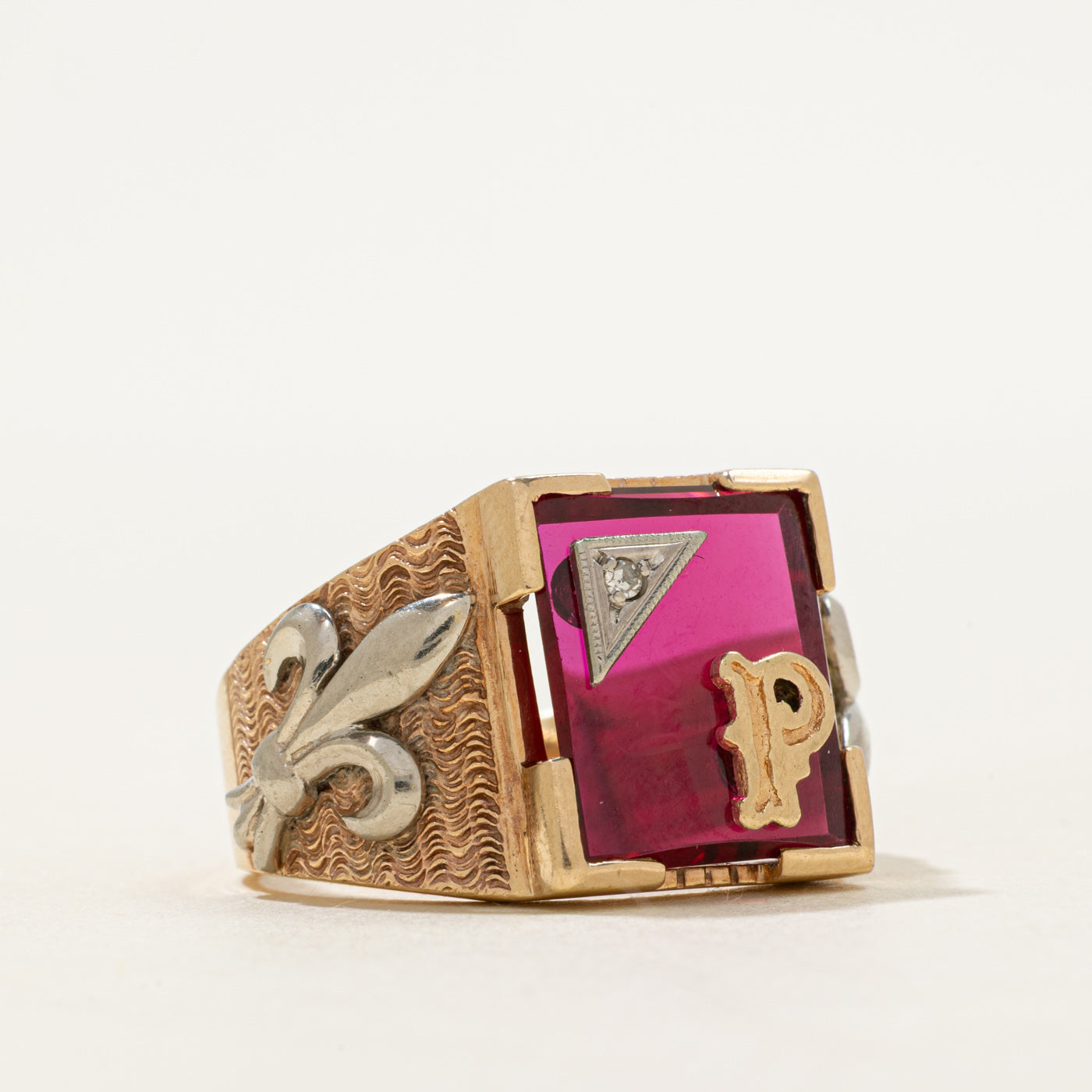Synthetic Ruby & Diamond "P" Signet Ring | SZ 10