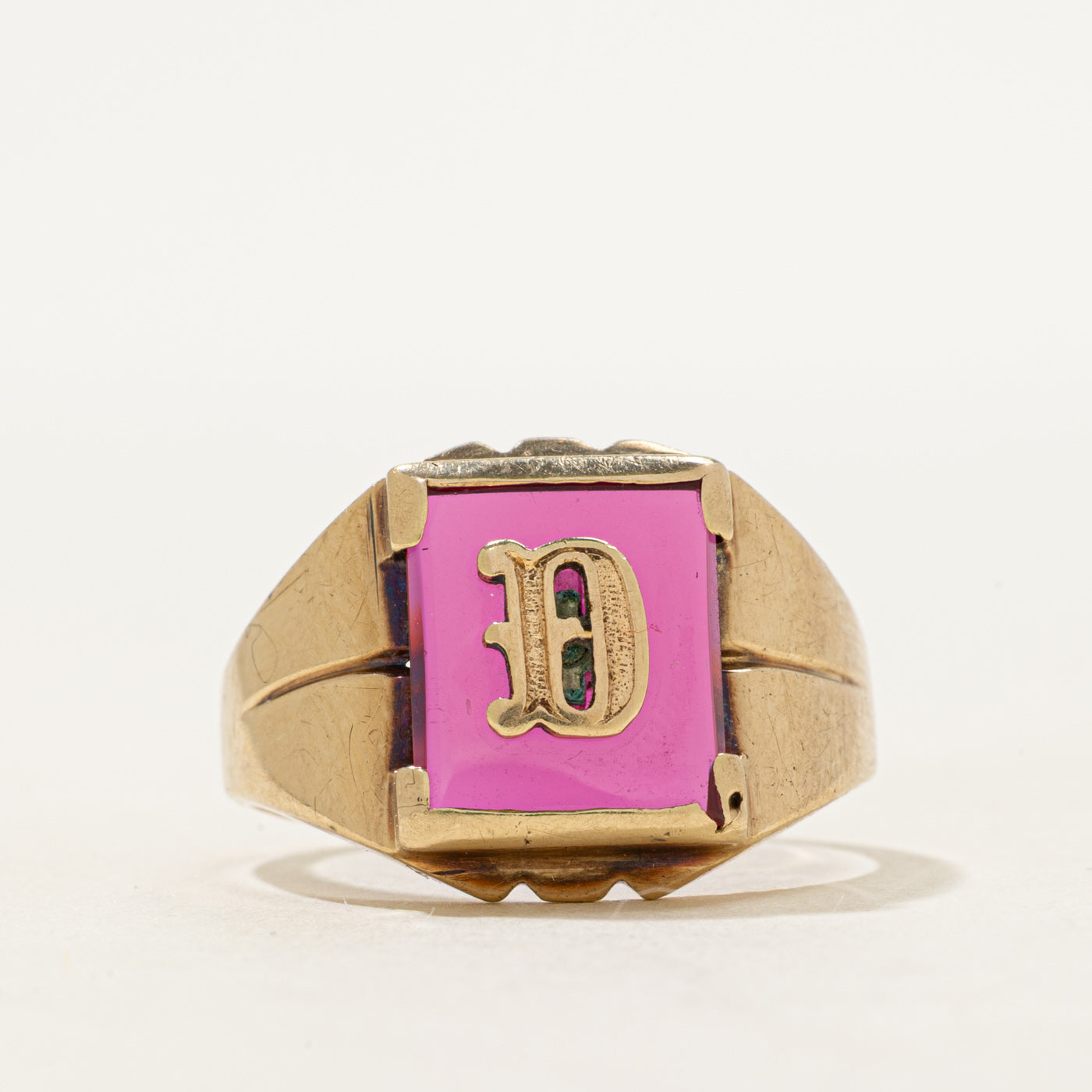 Synthetic Ruby "D" Initial Signet Ring | SZ 10.25