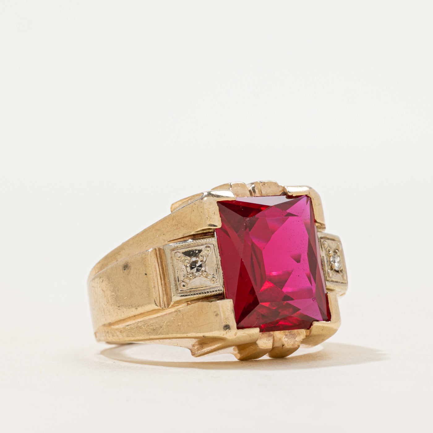 Rectangle Cut Synthetic Ruby & Natural Diamond Signet Ring | SZ 8.25