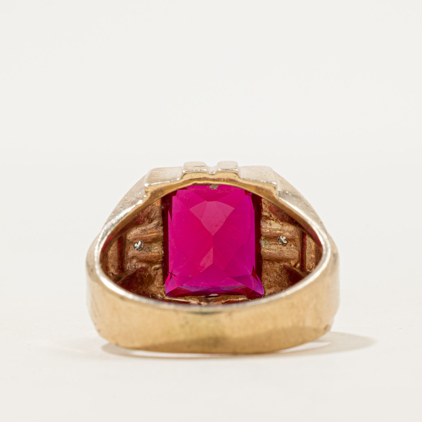 Rectangle Cut Synthetic Ruby & Natural Diamond Signet Ring | SZ 8.25