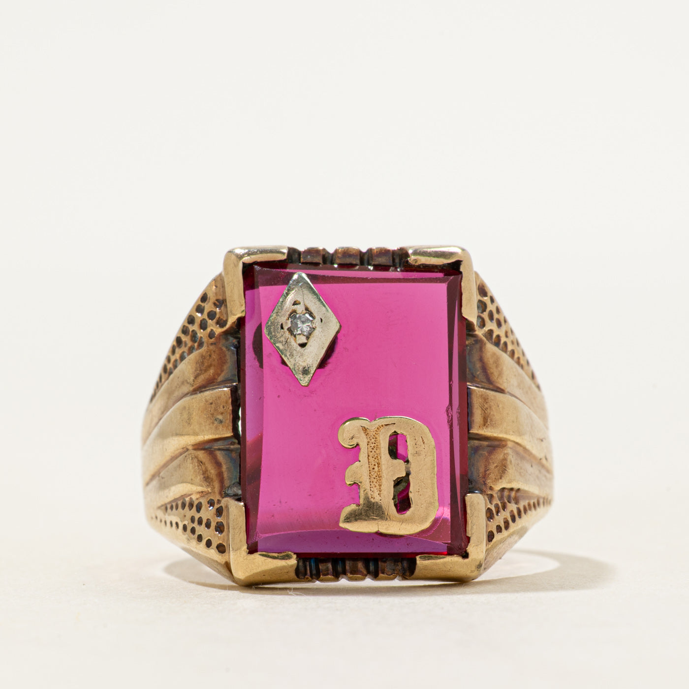 Synthetic Ruby & Natural Diamond "D" Signet Ring | SZ 10