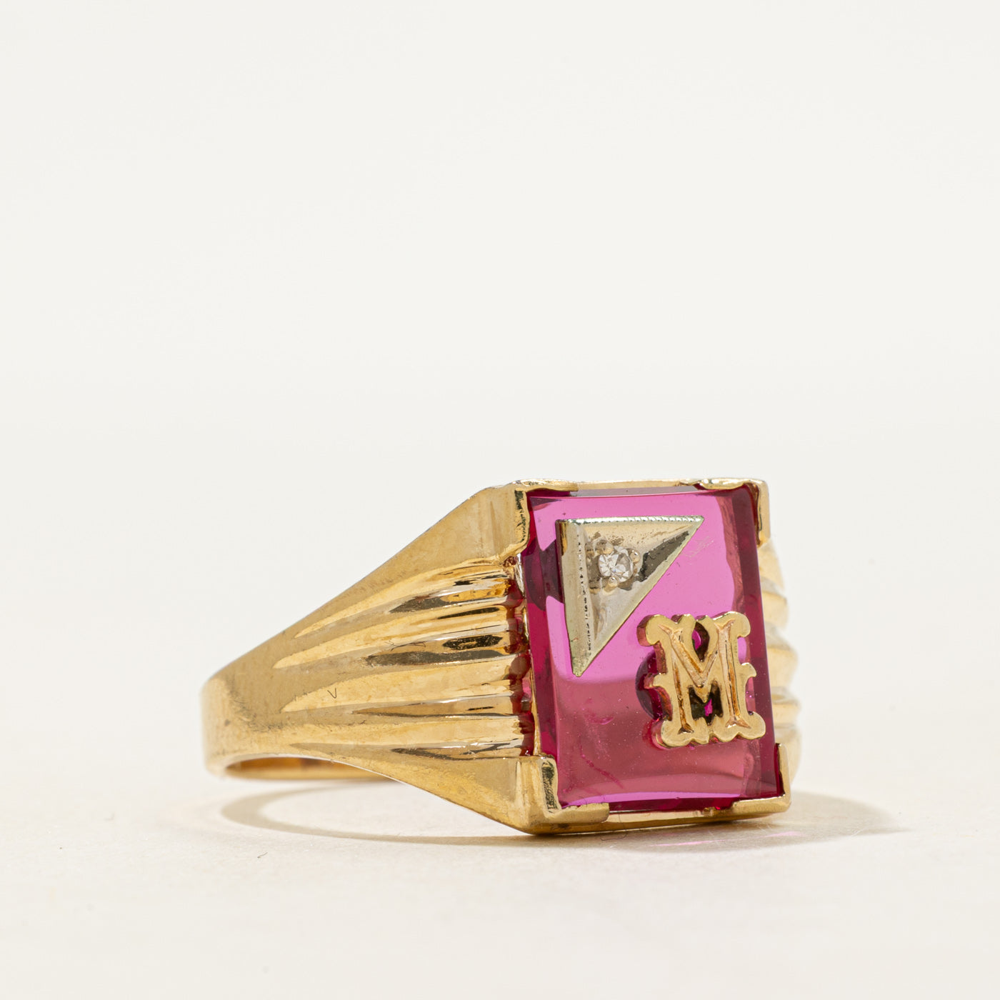 Synthetic Ruby & Natural Diamond "M" Grooved Signet Ring | SZ 10.75