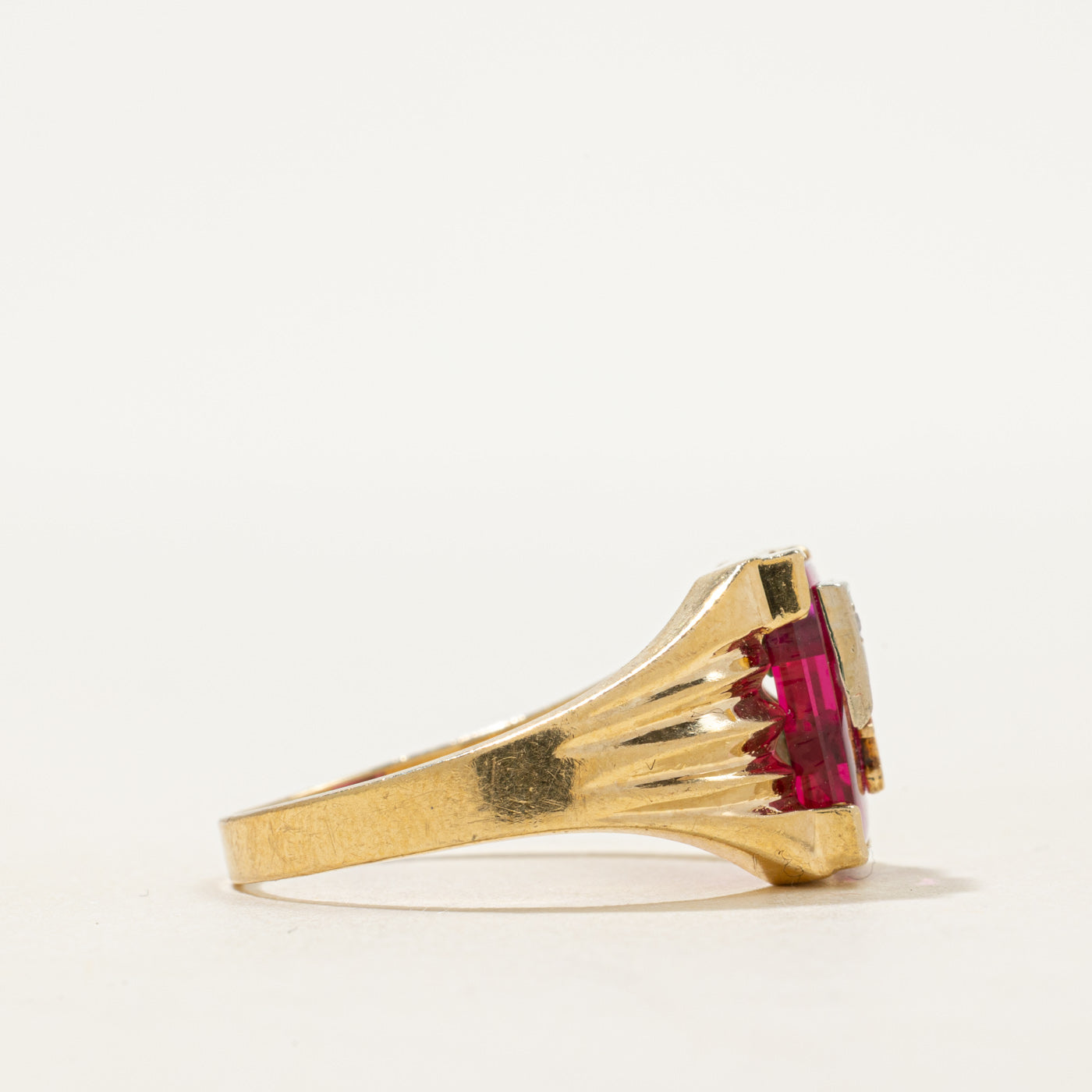 Synthetic Ruby & Natural Diamond "M" Grooved Signet Ring | SZ 10.75