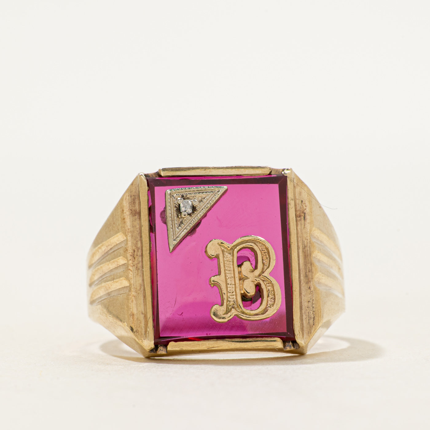 Synthetic Ruby & Natural Diamond "B" Signet Ring | SZ 11