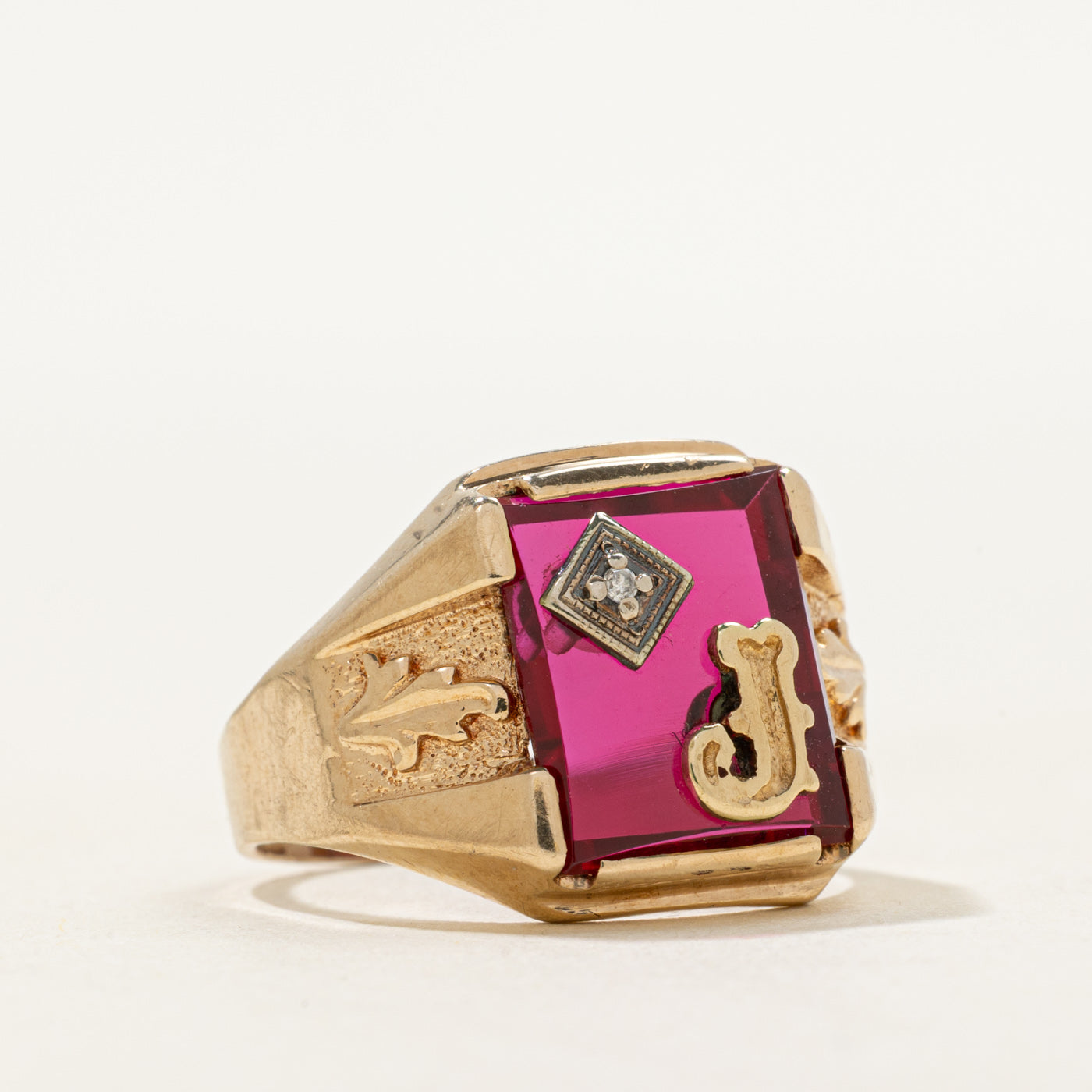 Synthetic Ruby & Natural Diamond "J" Signet Ring | SZ 8