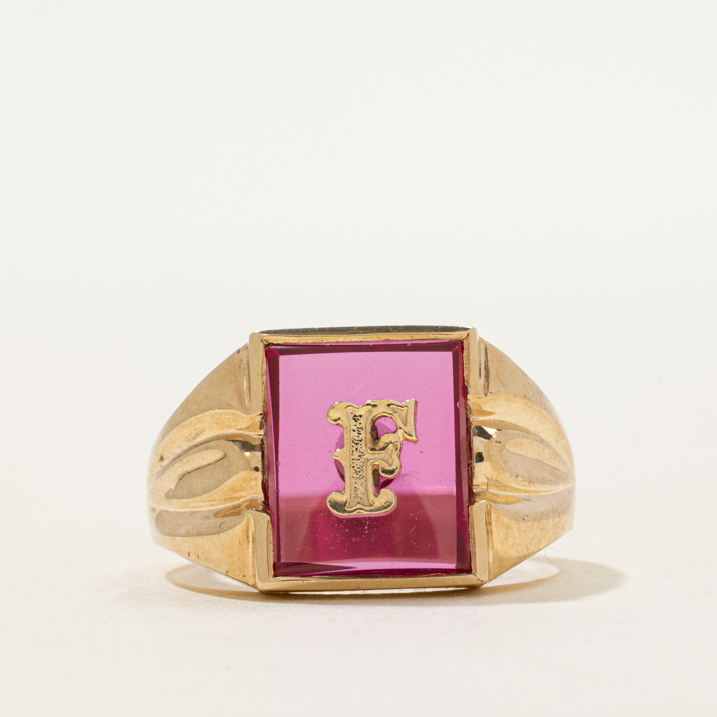 Synthetic Ruby "F" Grooved Signet Ring | SZ 9.25