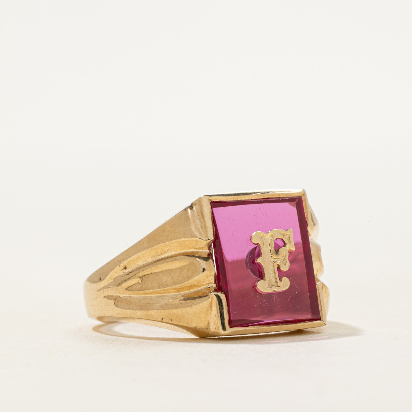 Synthetic Ruby "F" Grooved Signet Ring | SZ 9.25