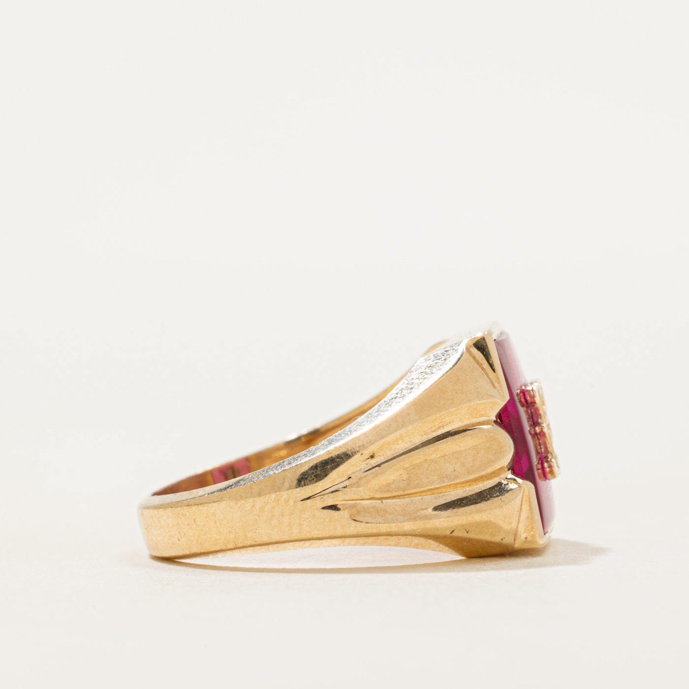 Synthetic Ruby "F" Grooved Signet Ring | SZ 9.25