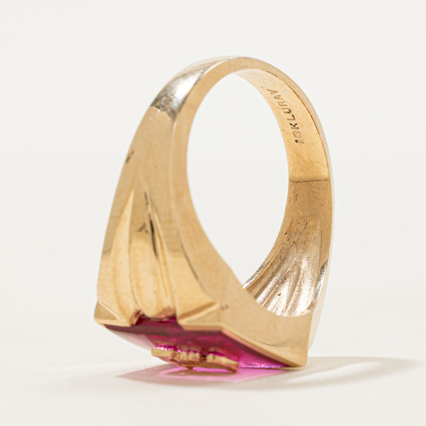 Synthetic Ruby "F" Grooved Signet Ring | SZ 9.25