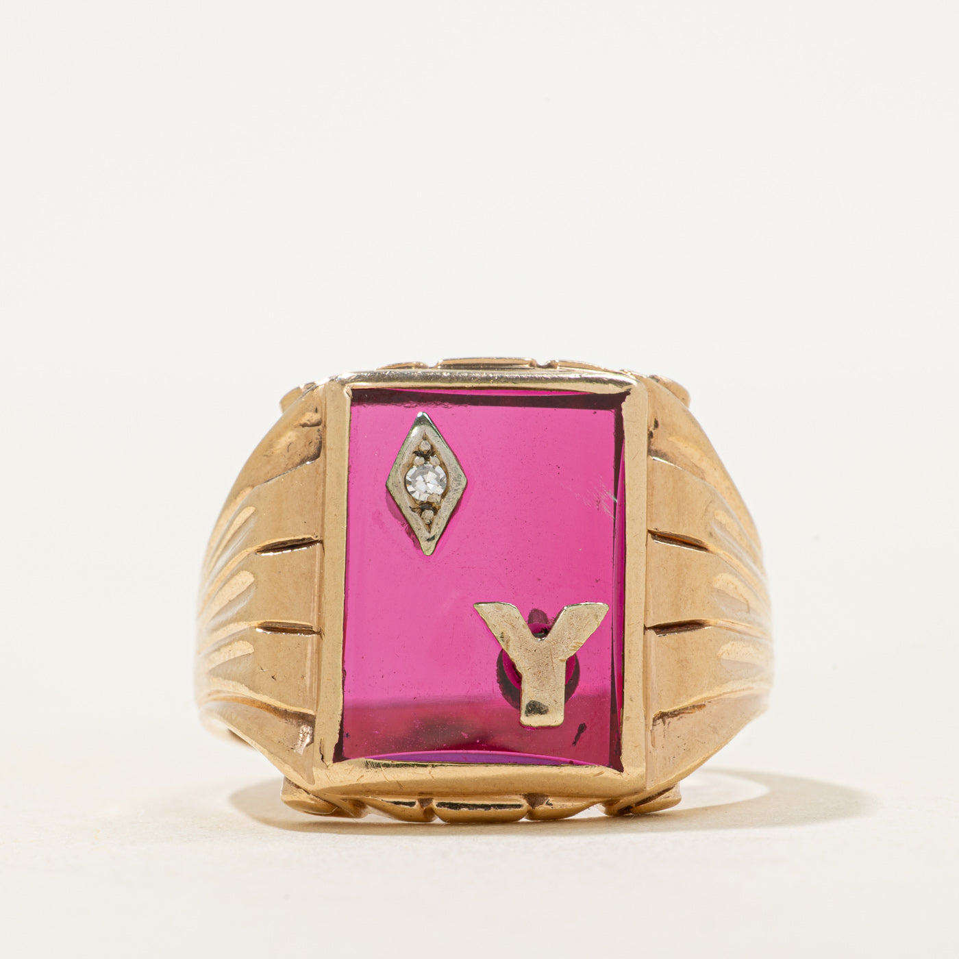 Synthetic Ruby & Natural Diamond "Y" Signet Ring | SZ 10.75