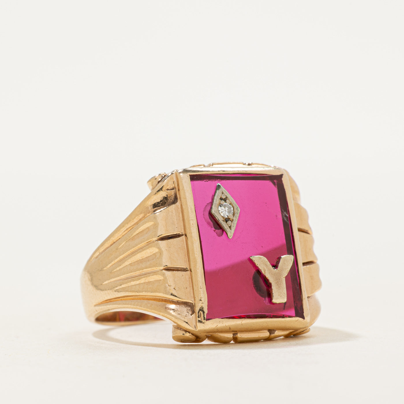 Synthetic Ruby & Natural Diamond "Y" Signet Ring | SZ 10.75