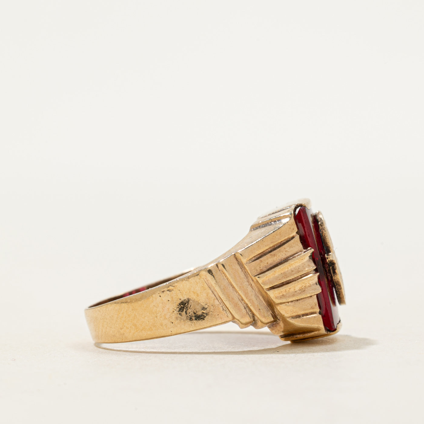 Synthetic Ruby "C" Initial Grooved Signet Ring | SZ 7.75