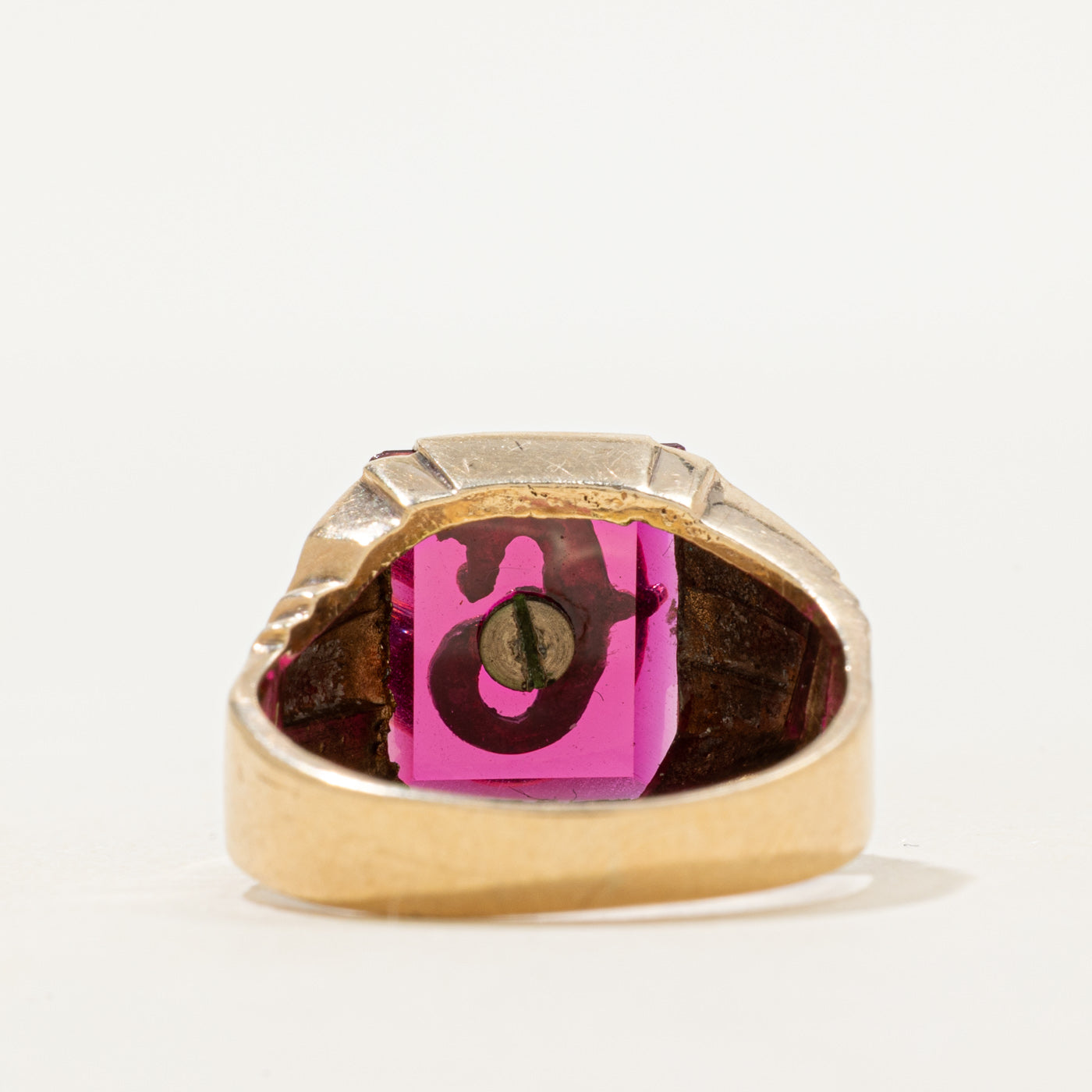 Synthetic Ruby "C" Initial Grooved Signet Ring | SZ 7.75
