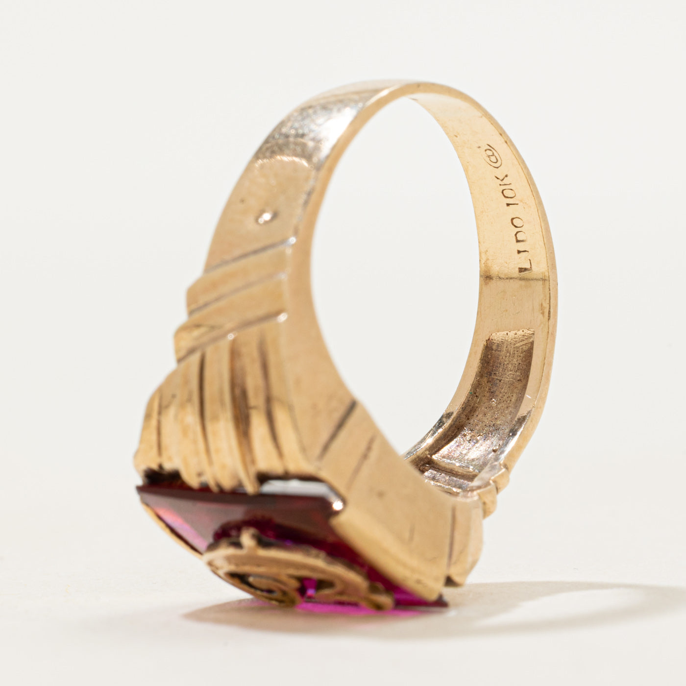 Synthetic Ruby "C" Initial Grooved Signet Ring | SZ 7.75