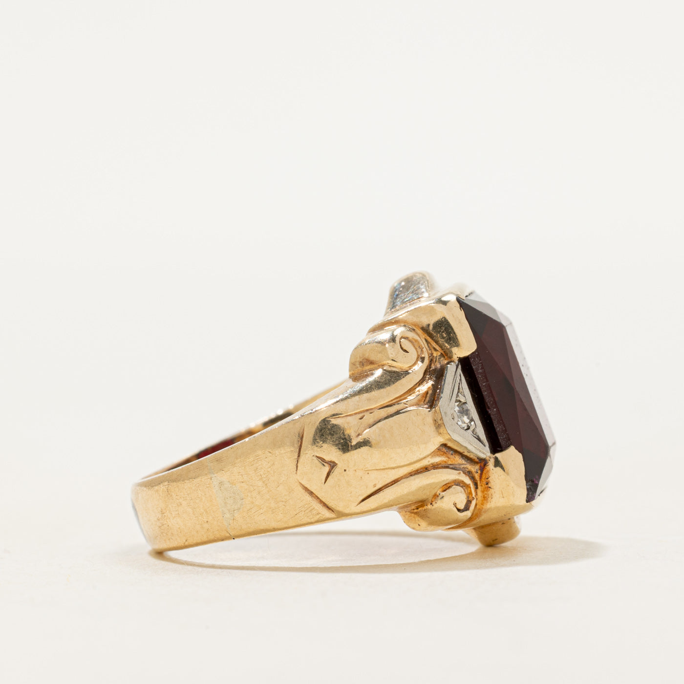 Synthetic Ruby & Natural Diamond Scrollwork Ring | SZ 6