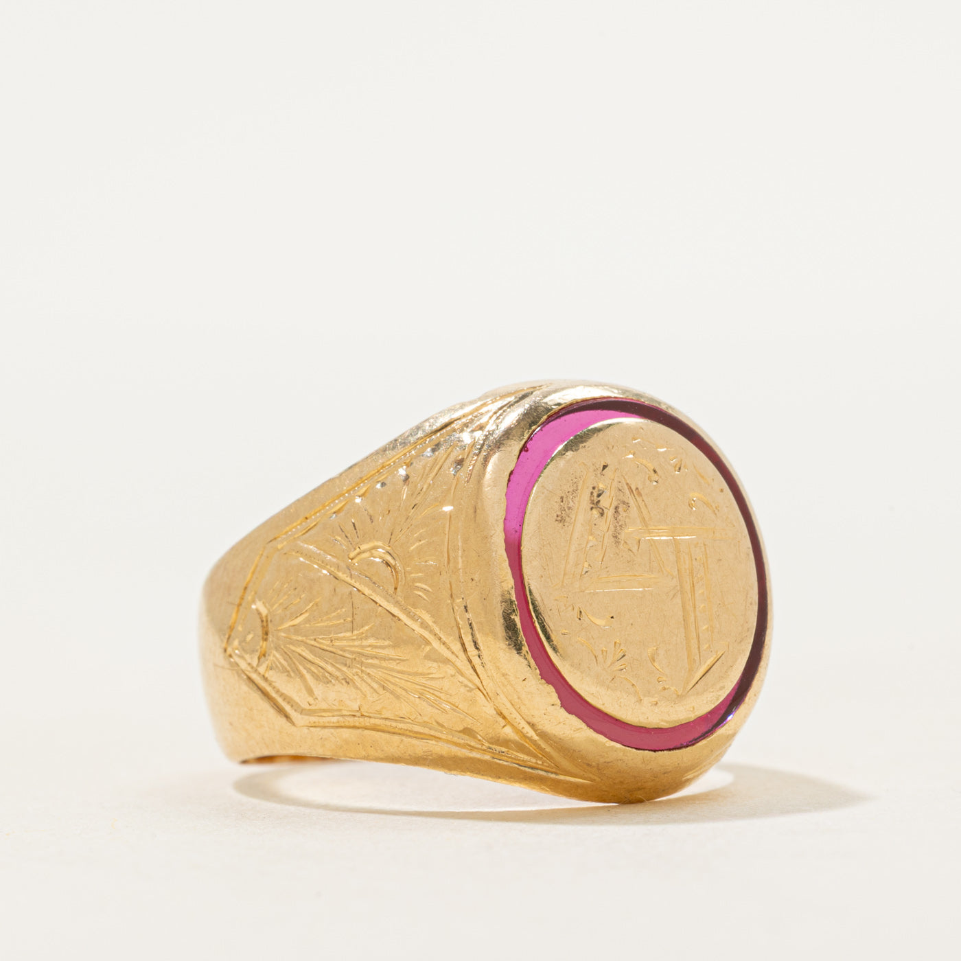 18k Synthetic Ruby "AT" Engraved Signet Ring | SZ 8
