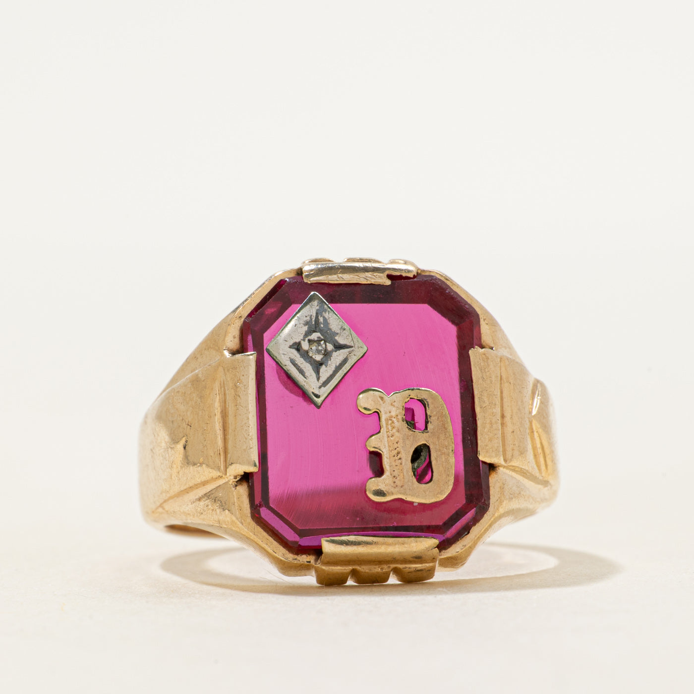 Synthetic Ruby & Natural Diamond "D" Signet Ring | SZ 9.25