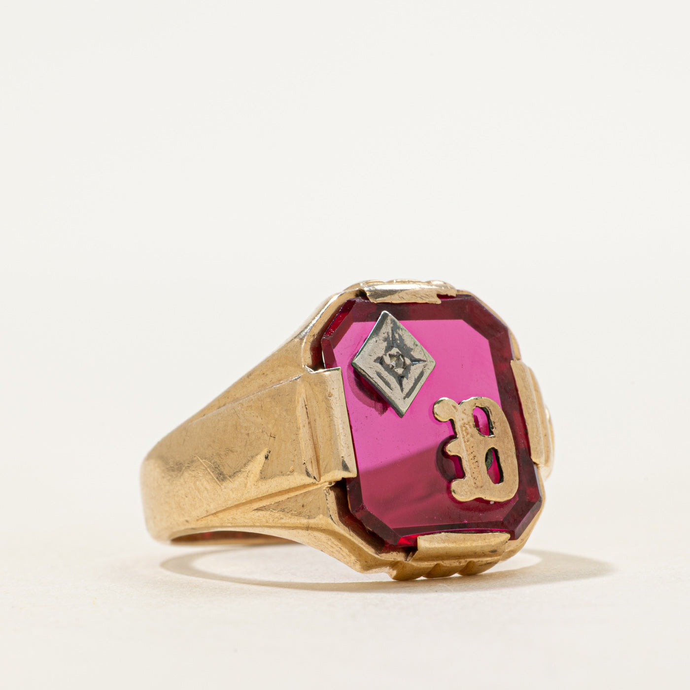 Synthetic Ruby & Natural Diamond "D" Signet Ring | SZ 9.25