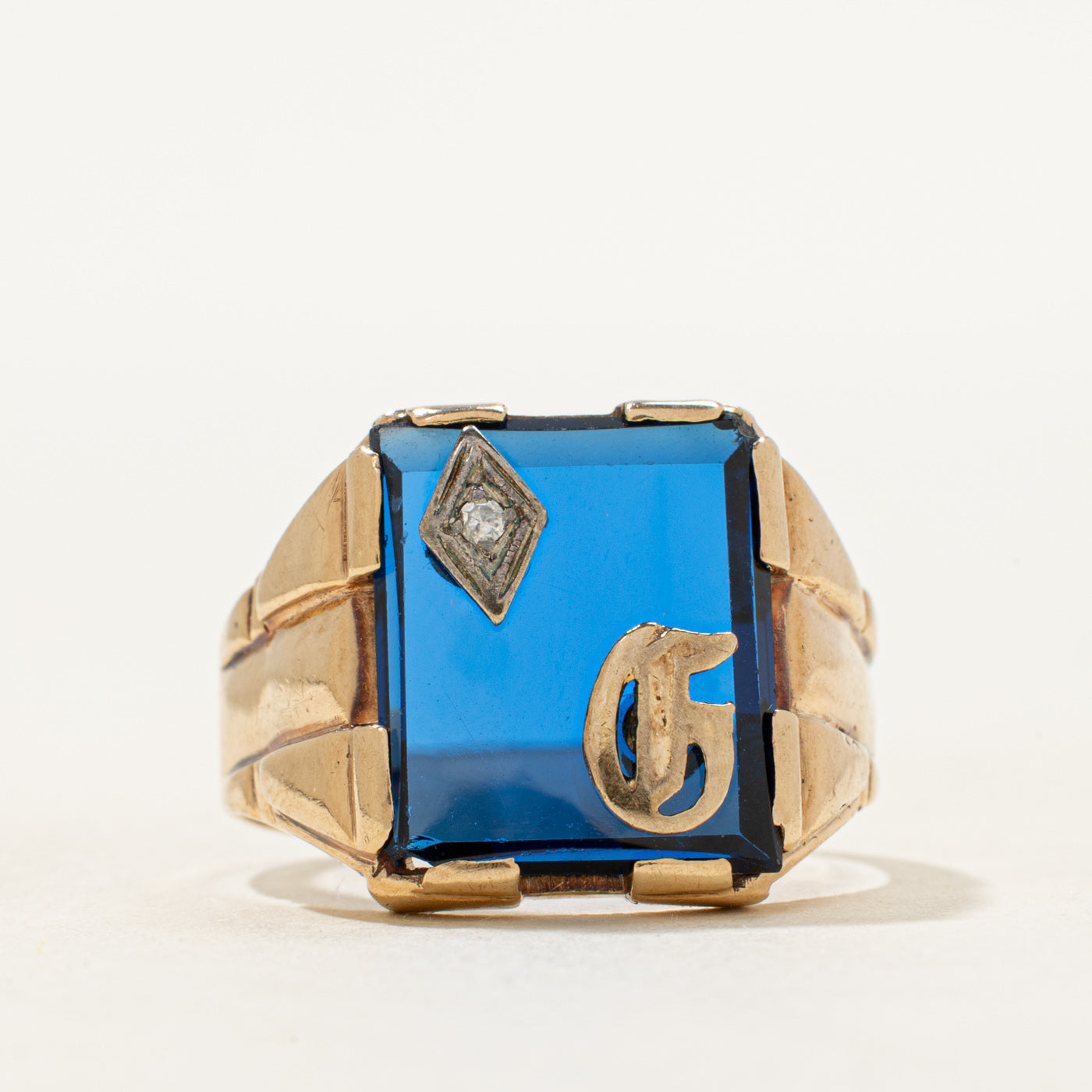 Synthetic Sapphire & Natural Diamond "G" Initial Signet Ring | SZ 8.75