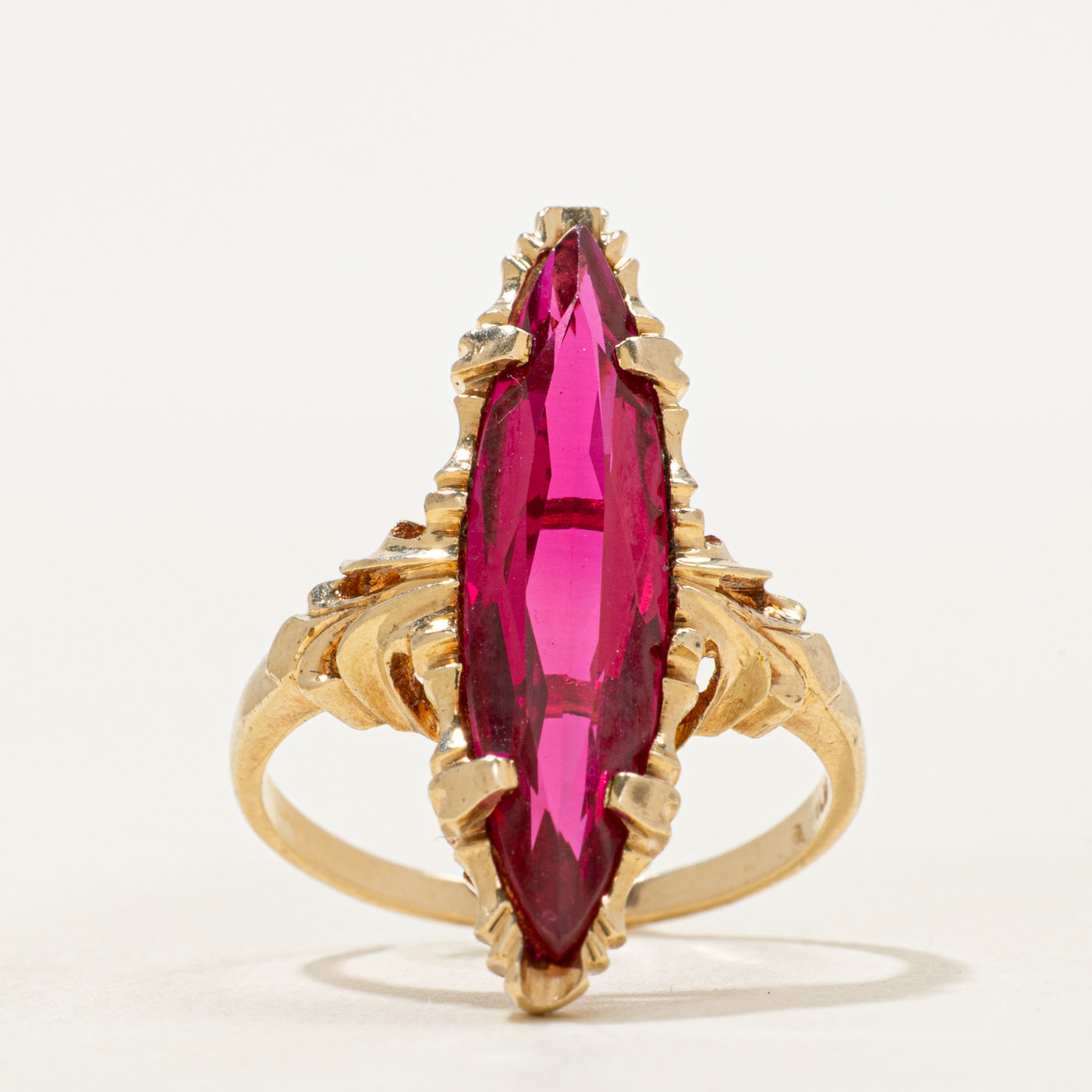 Synthetic Ruby Scrollwork Navette Ring | SZ 7