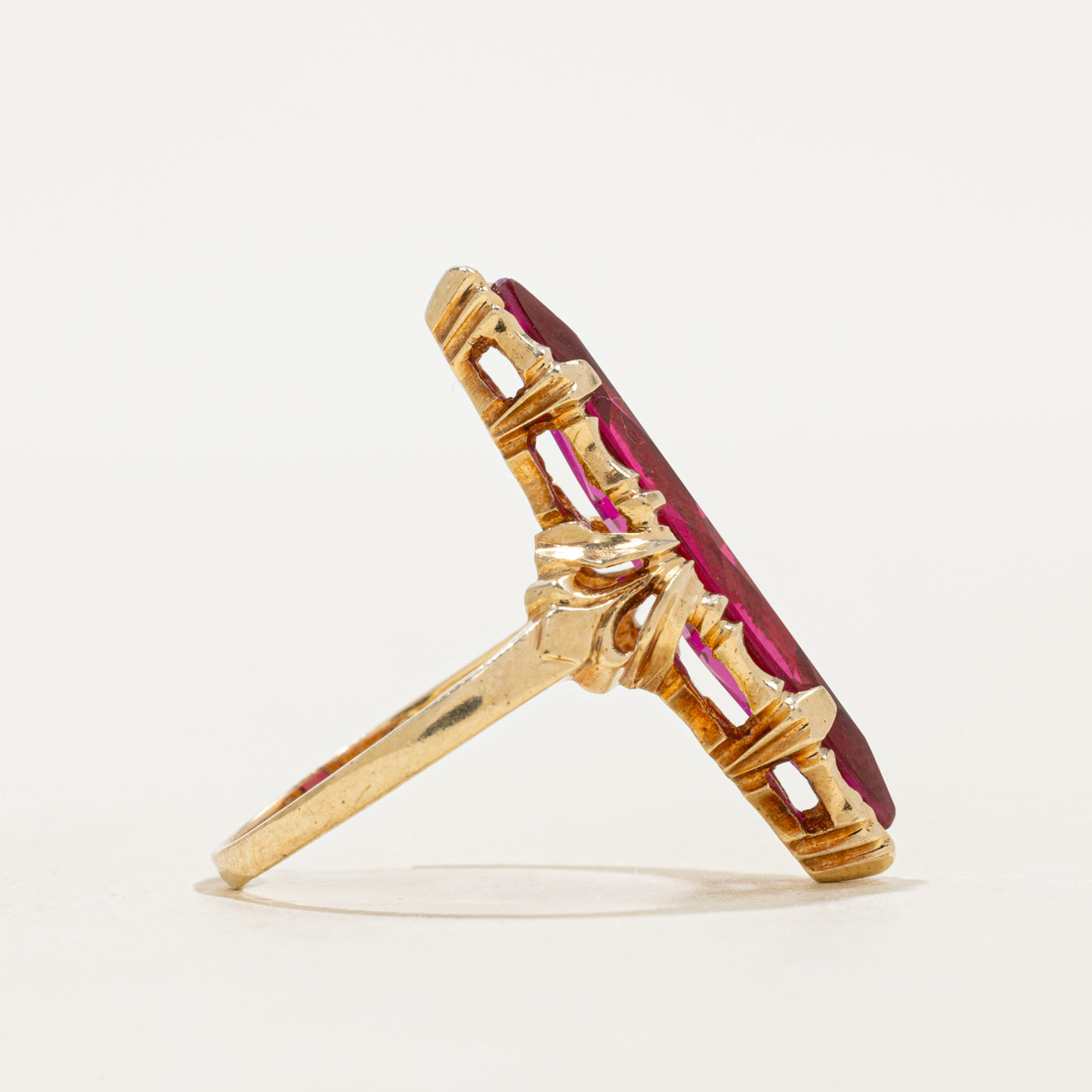 Synthetic Ruby Scrollwork Navette Ring | SZ 7