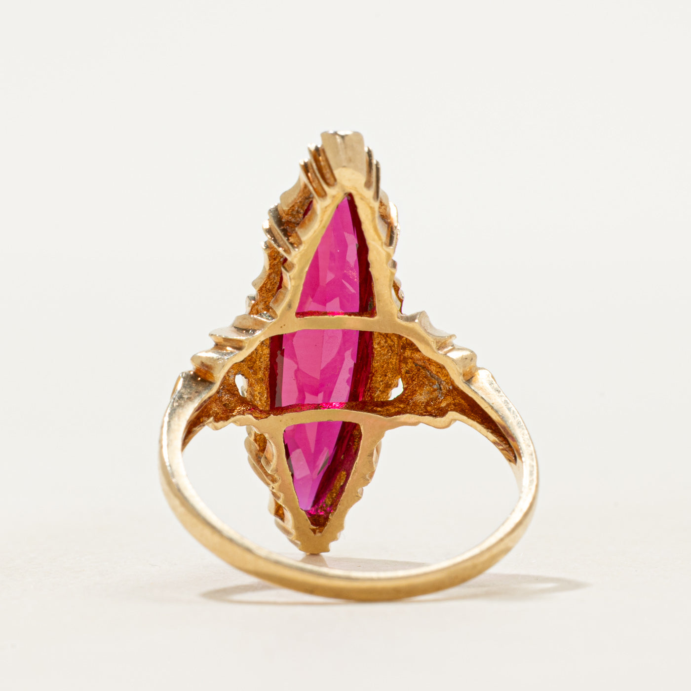Synthetic Ruby Scrollwork Navette Ring | SZ 7