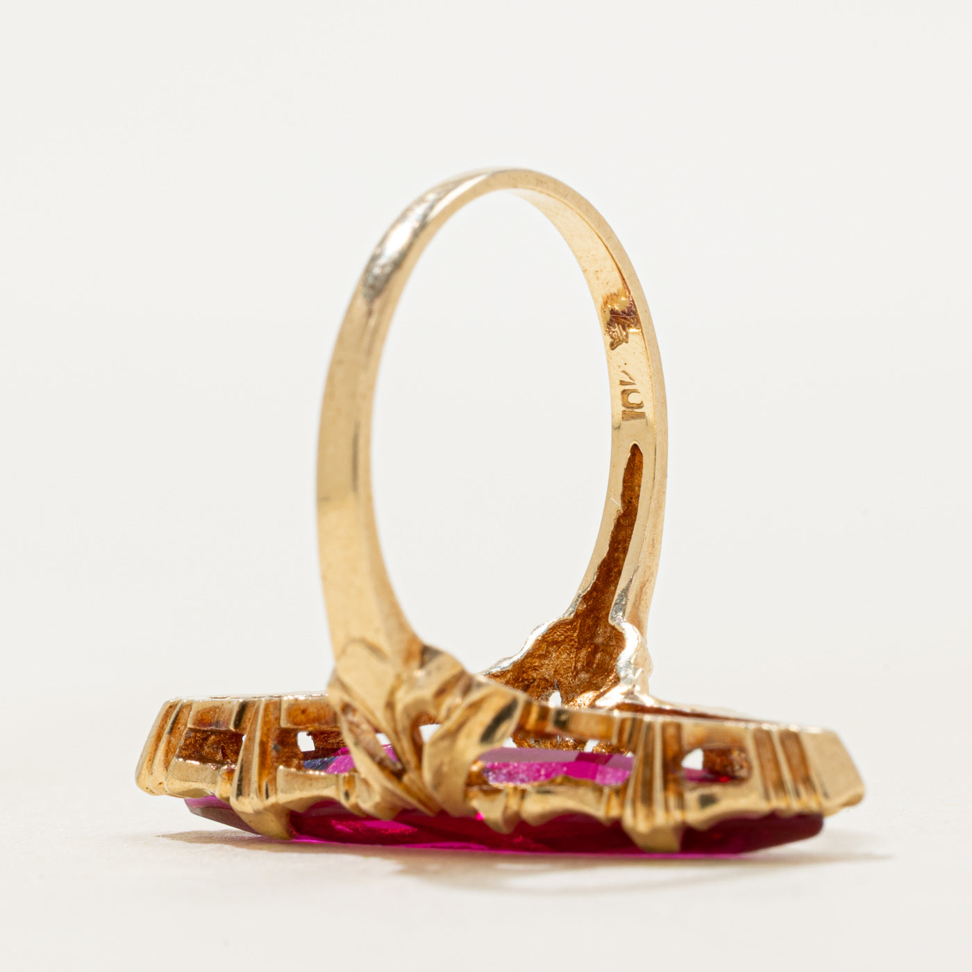 Synthetic Ruby Scrollwork Navette Ring | SZ 7