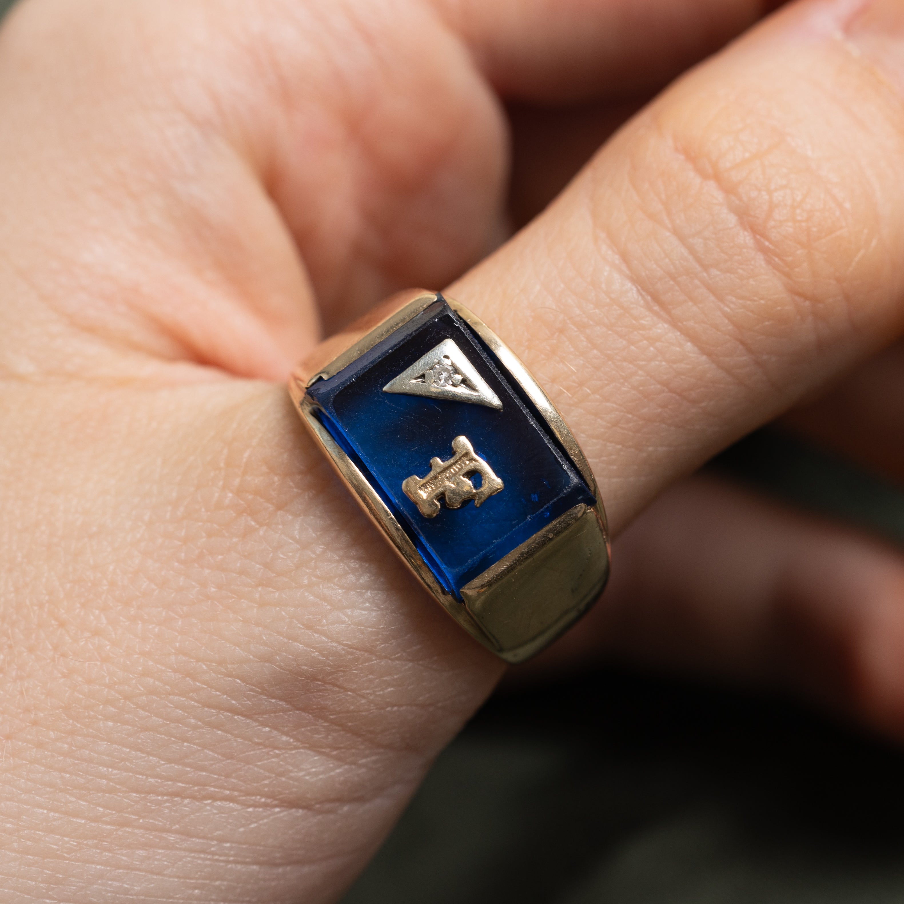 Synthetic Sapphire & Natural Diamond "F" Signet Ring | SZ 10.75