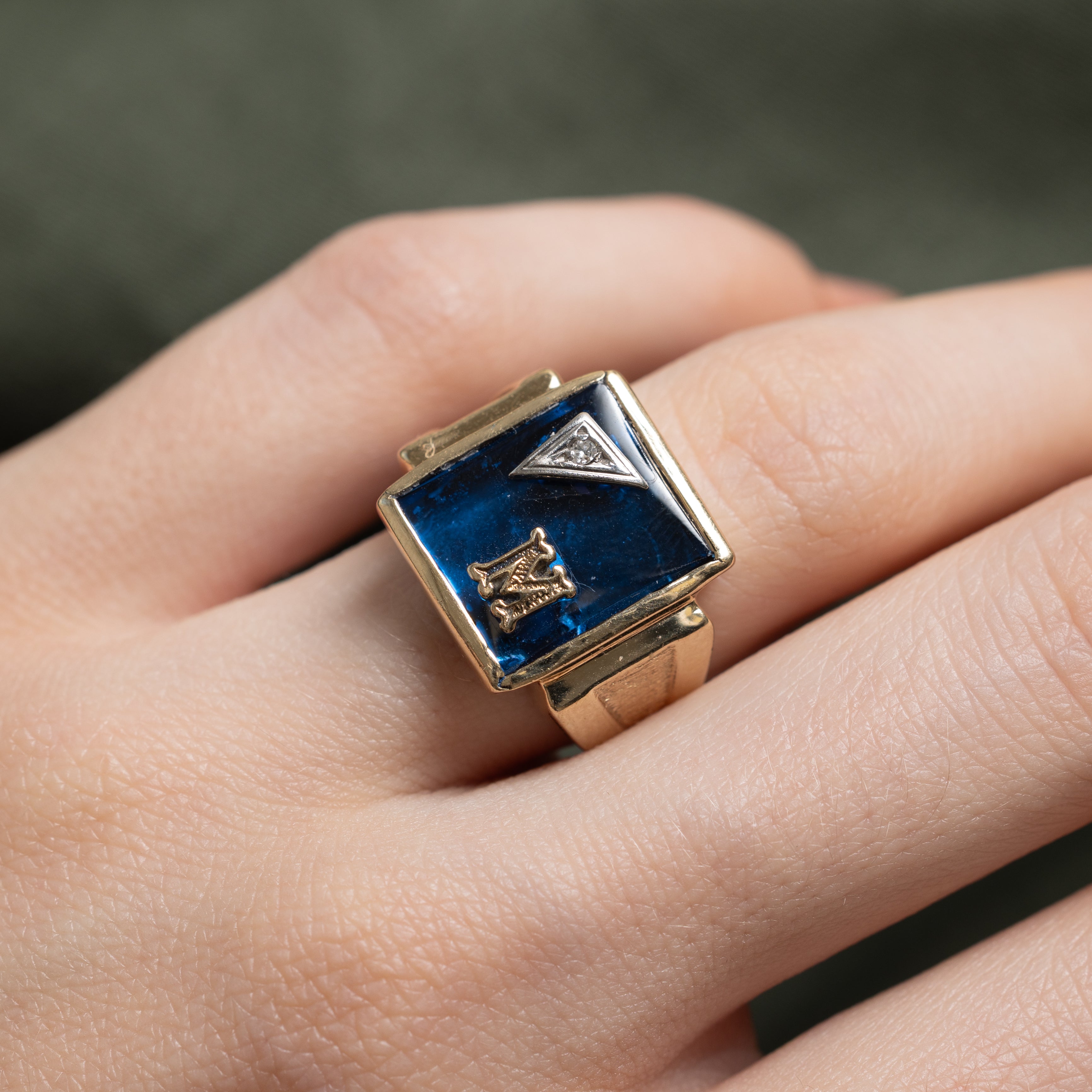 Synthetic Sapphire & Natural Diamond "M" Signet Ring | SZ 5