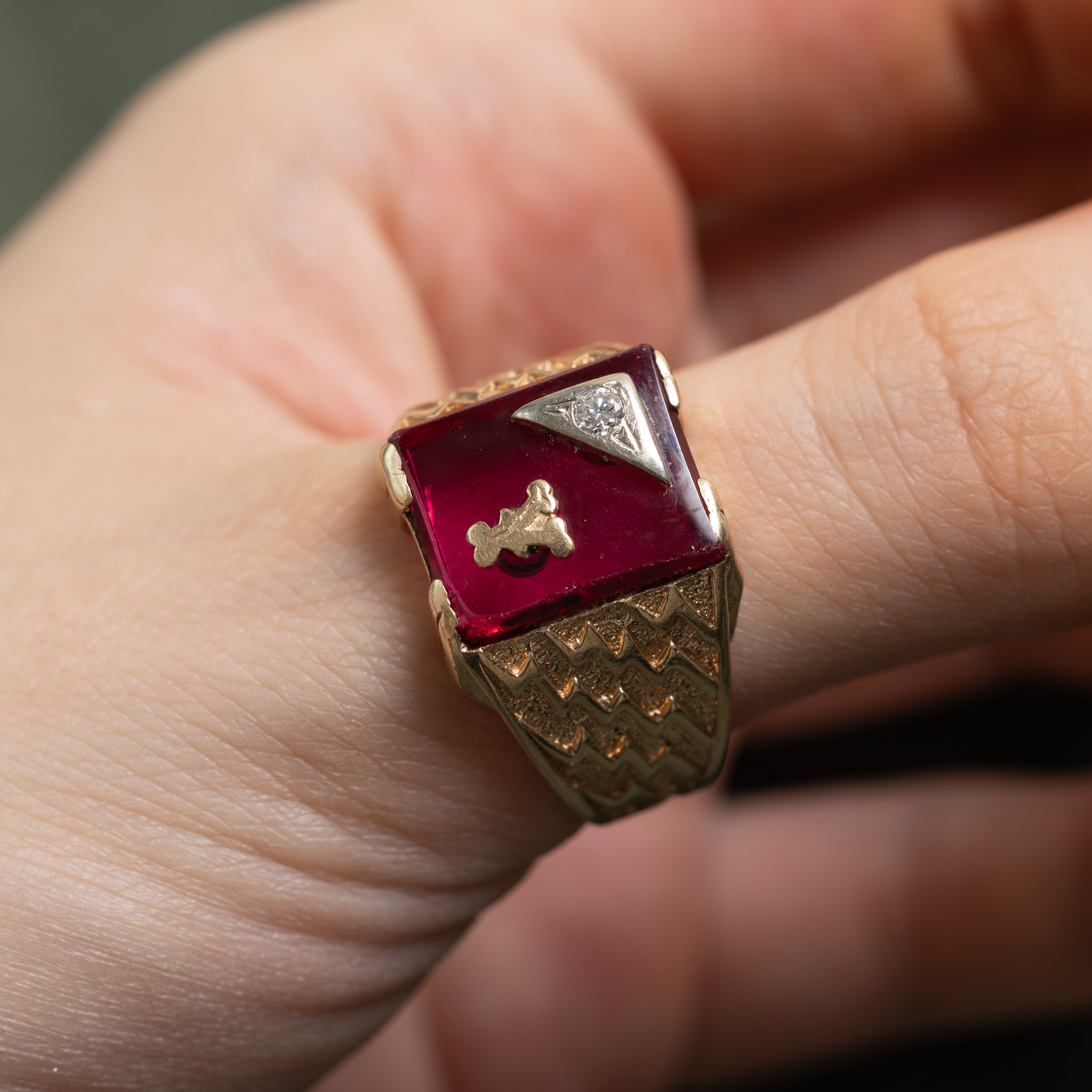Synthetic Ruby & Natural Diamond "Y" Textured Signet Ring | SZ 10.75