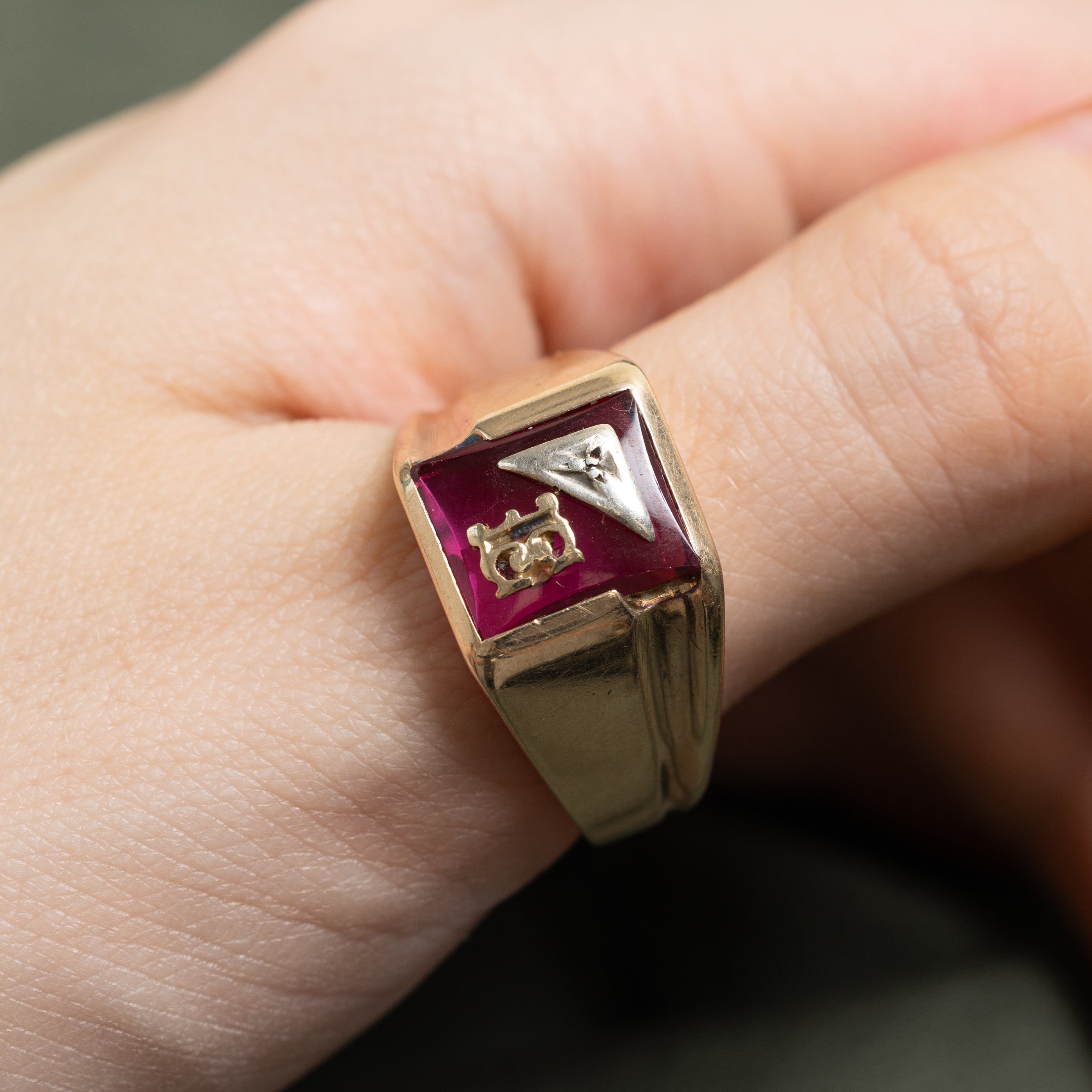 Bezel Set Synthetic Ruby "E" Signet Ring | SZ 12