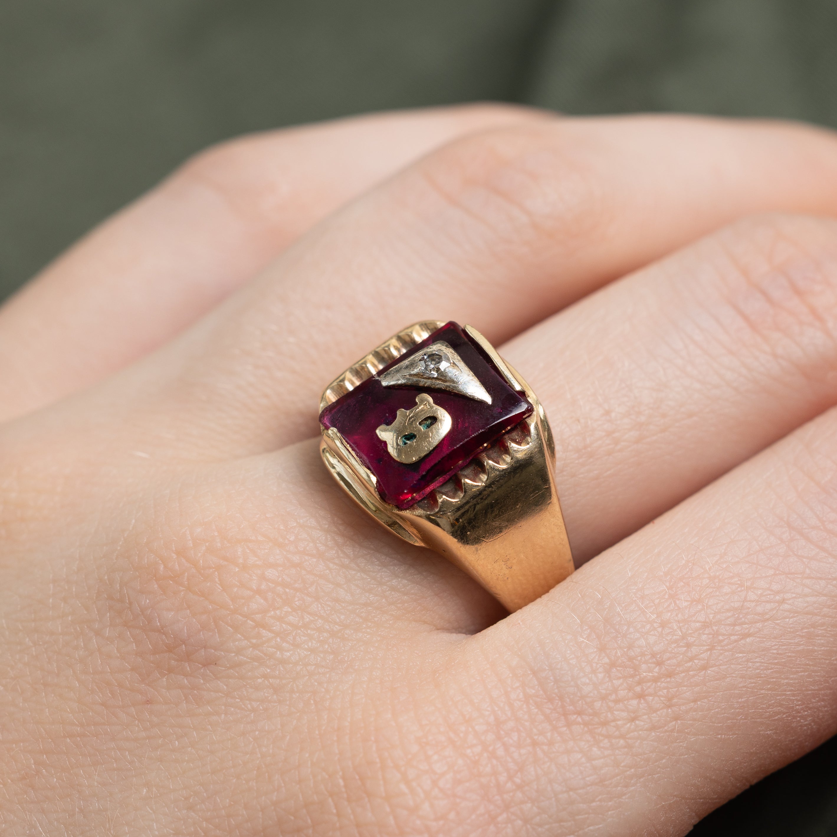 Synthetic Ruby & Natural Diamond "D" Signet Ring | SZ 10.5