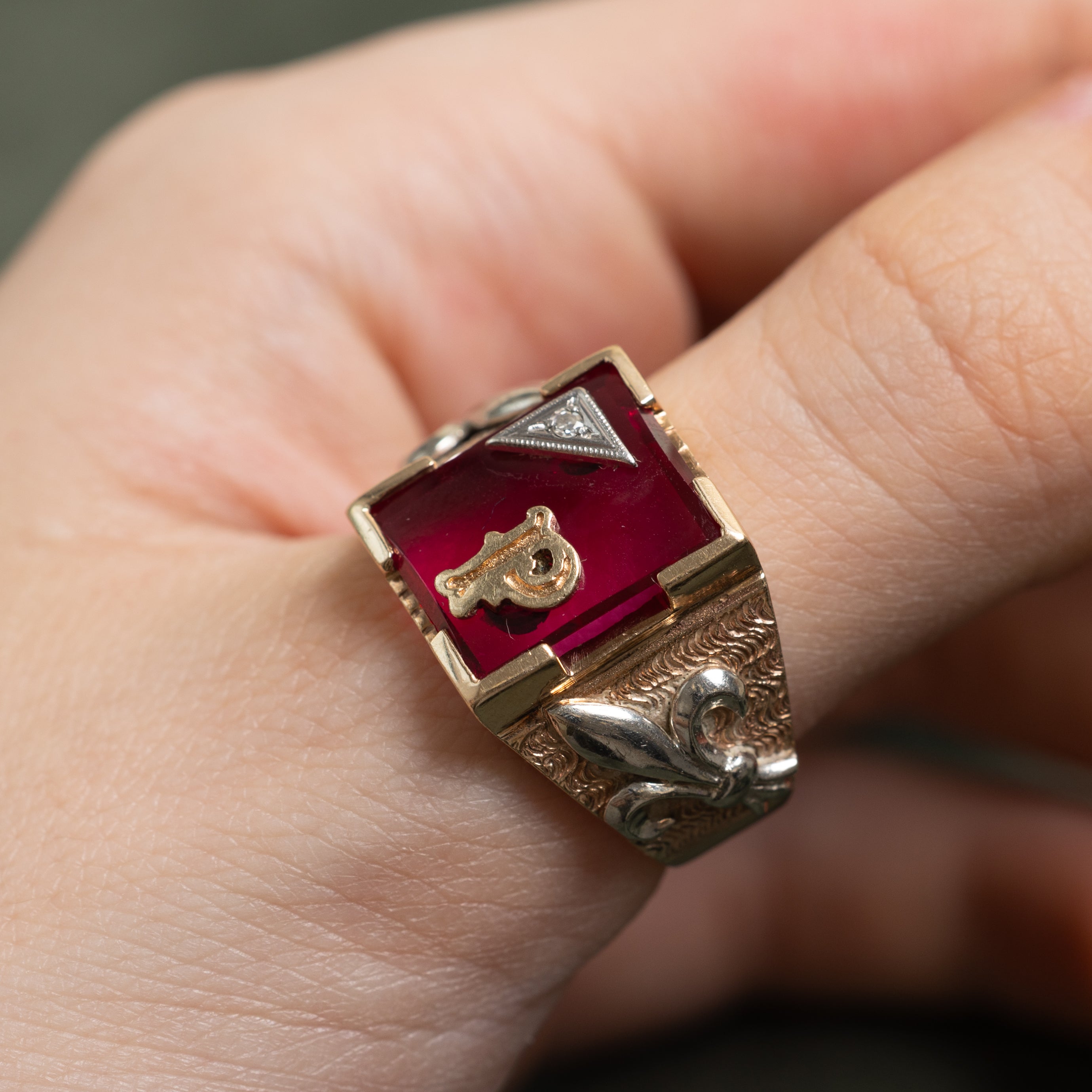 Synthetic Ruby & Diamond "P" Signet Ring | SZ 10