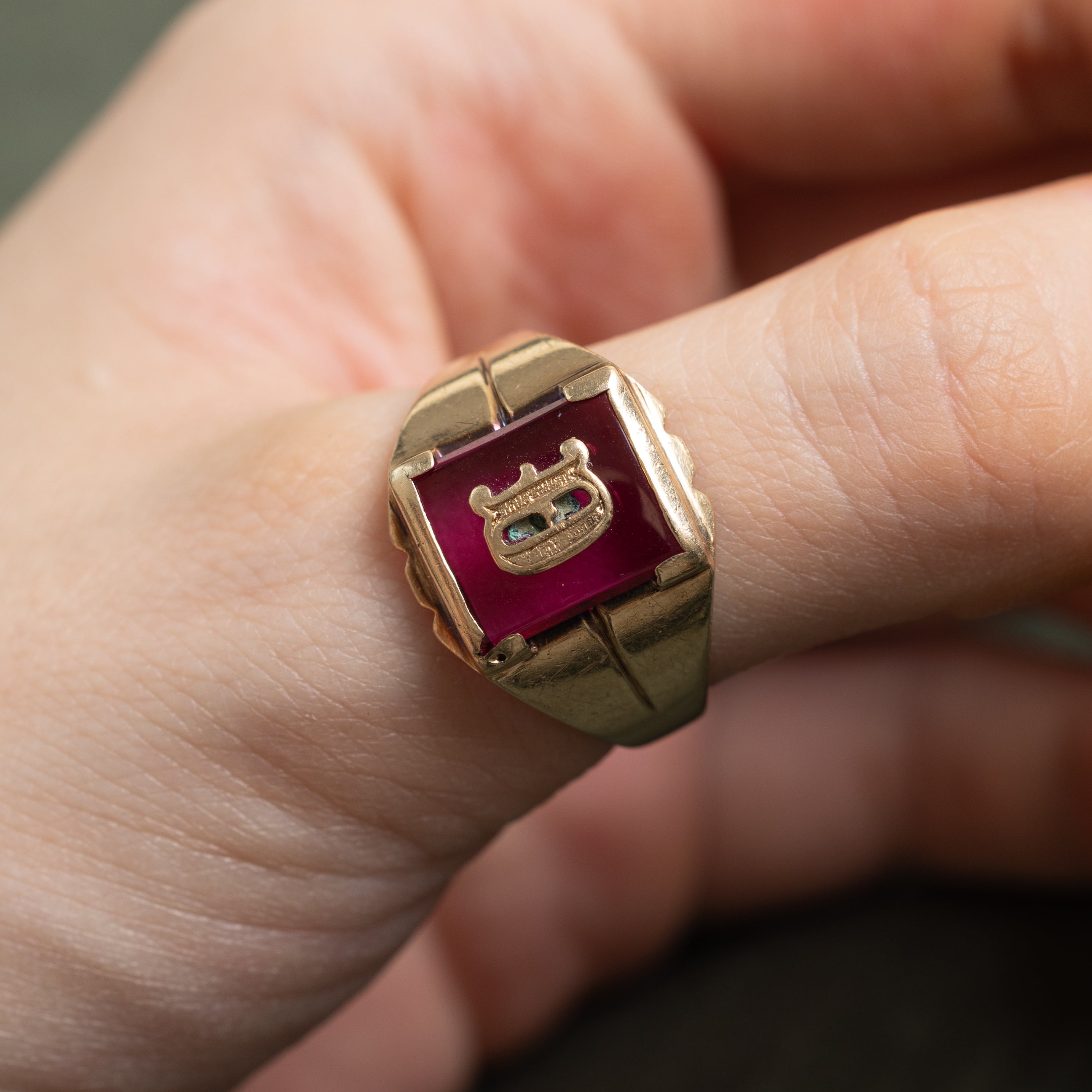 Synthetic Ruby "D" Initial Signet Ring | SZ 10.25