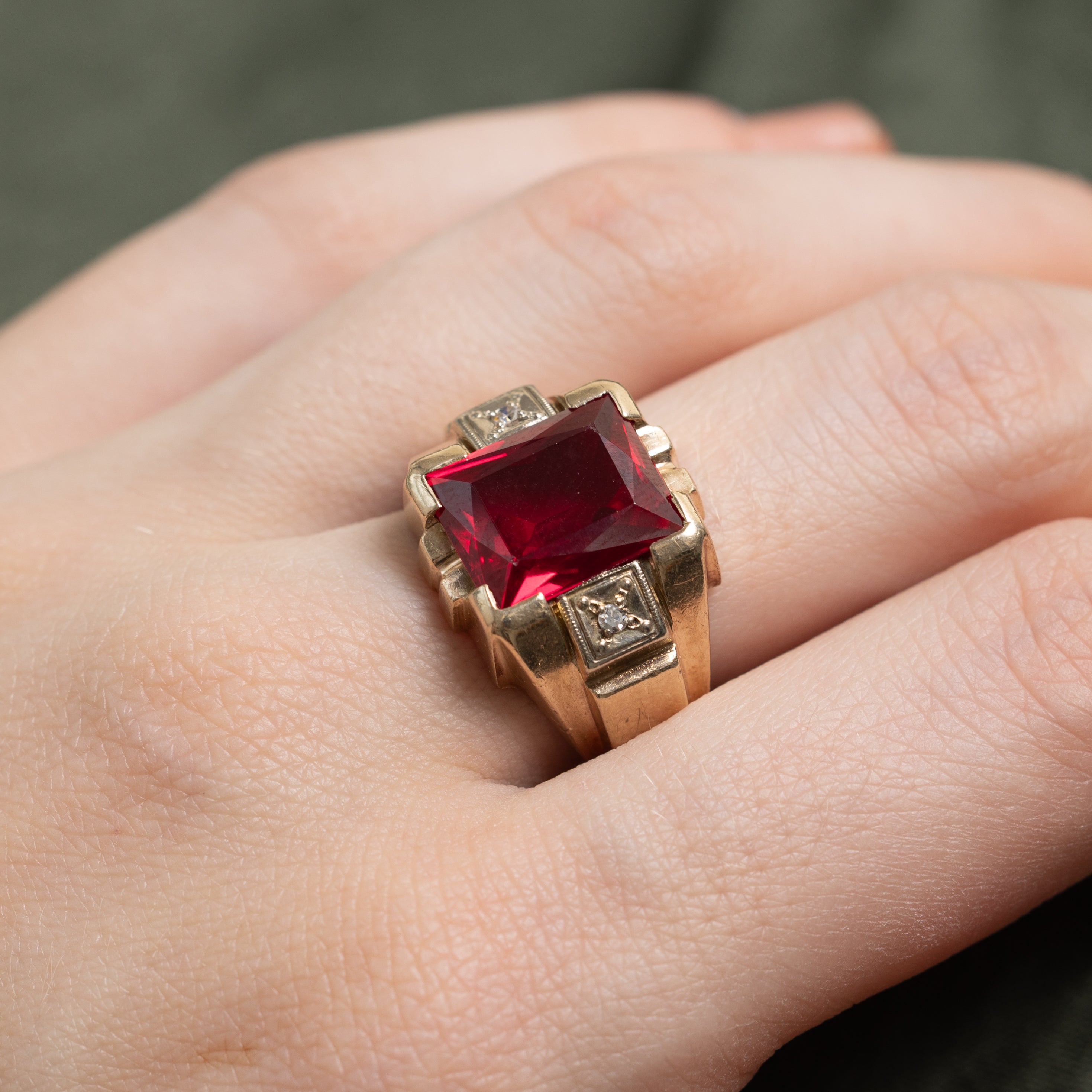 Rectangle Cut Synthetic Ruby & Natural Diamond Signet Ring | SZ 8.25
