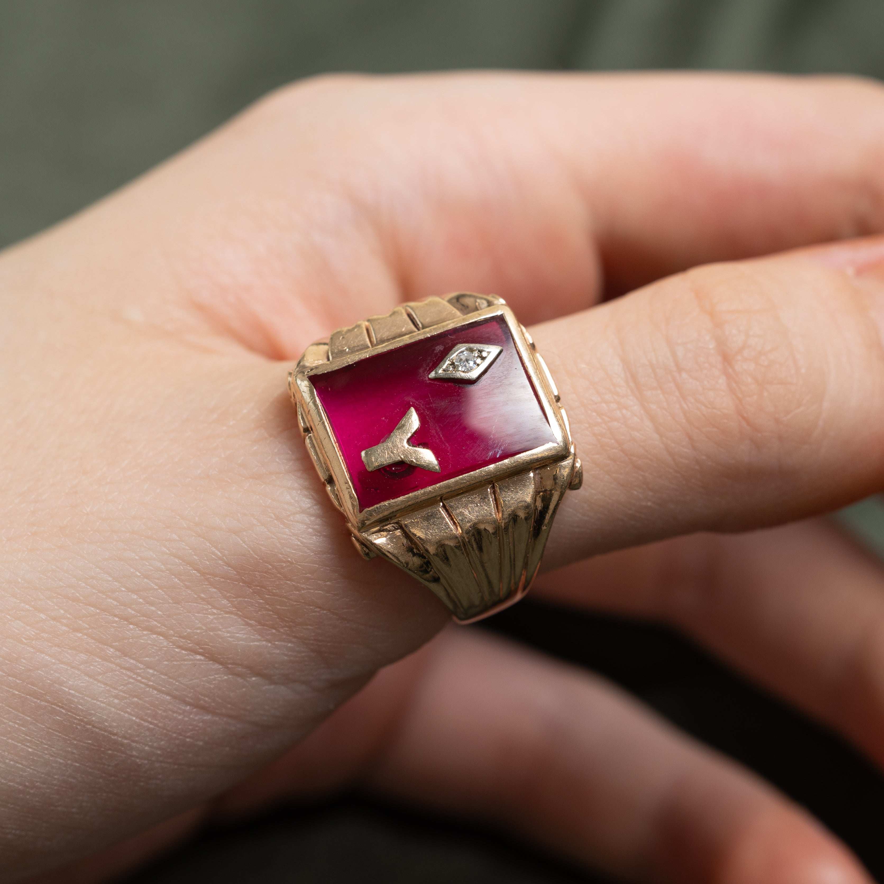 Synthetic Ruby & Natural Diamond "Y" Signet Ring | SZ 10.75