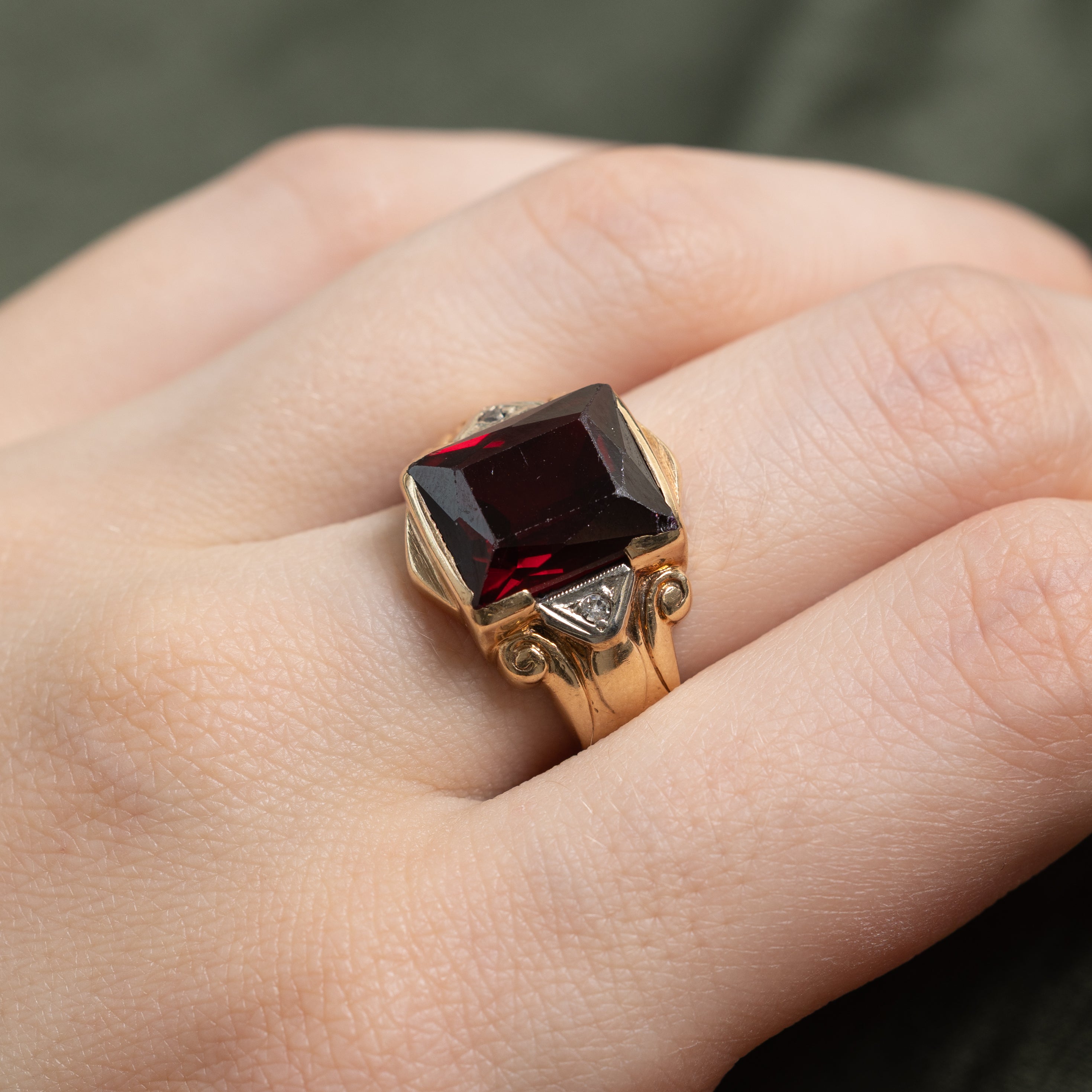 Synthetic Ruby & Natural Diamond Scrollwork Ring | SZ 6