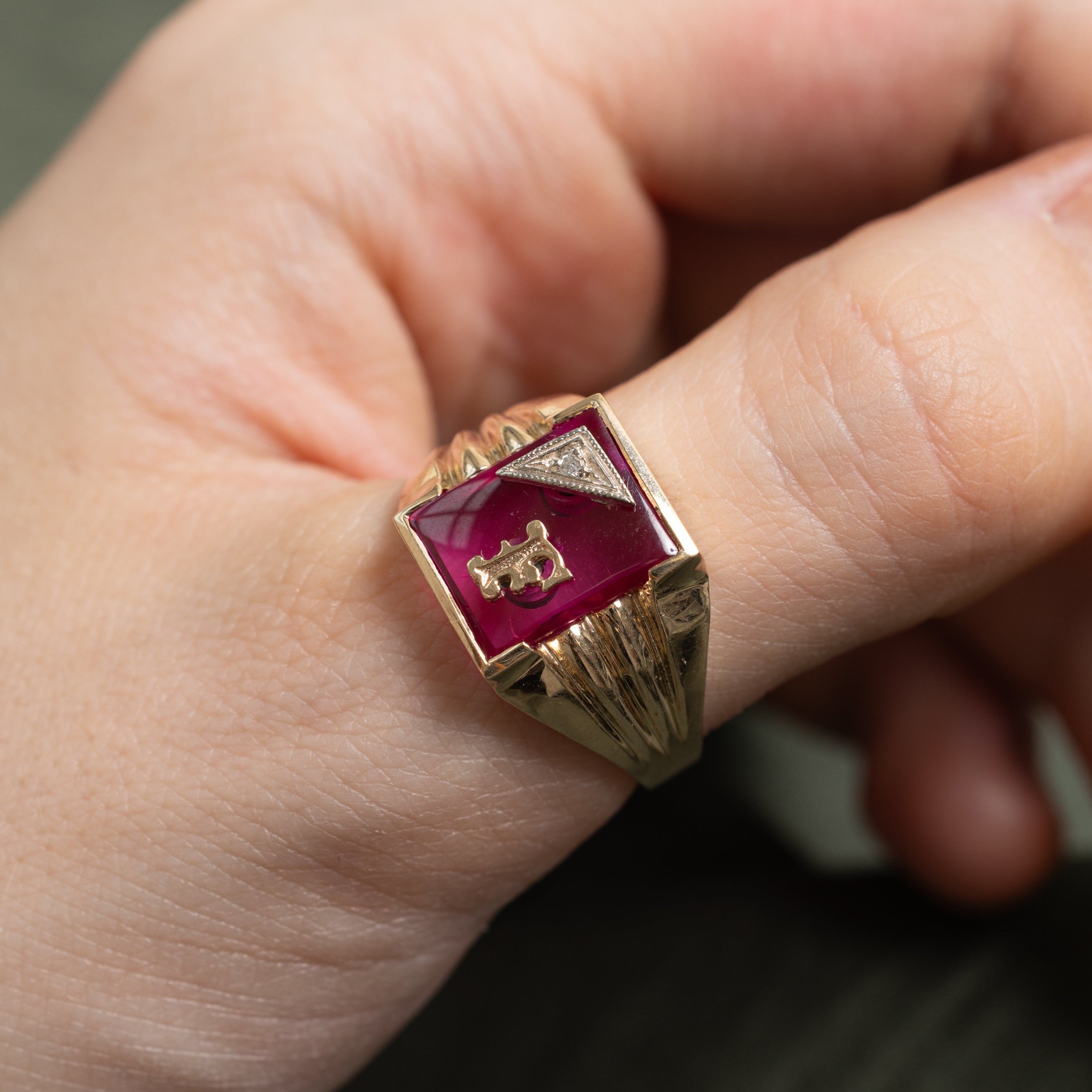 Synthetic Ruby & Natural Diamond "F" Signet Ring | SZ 9.5