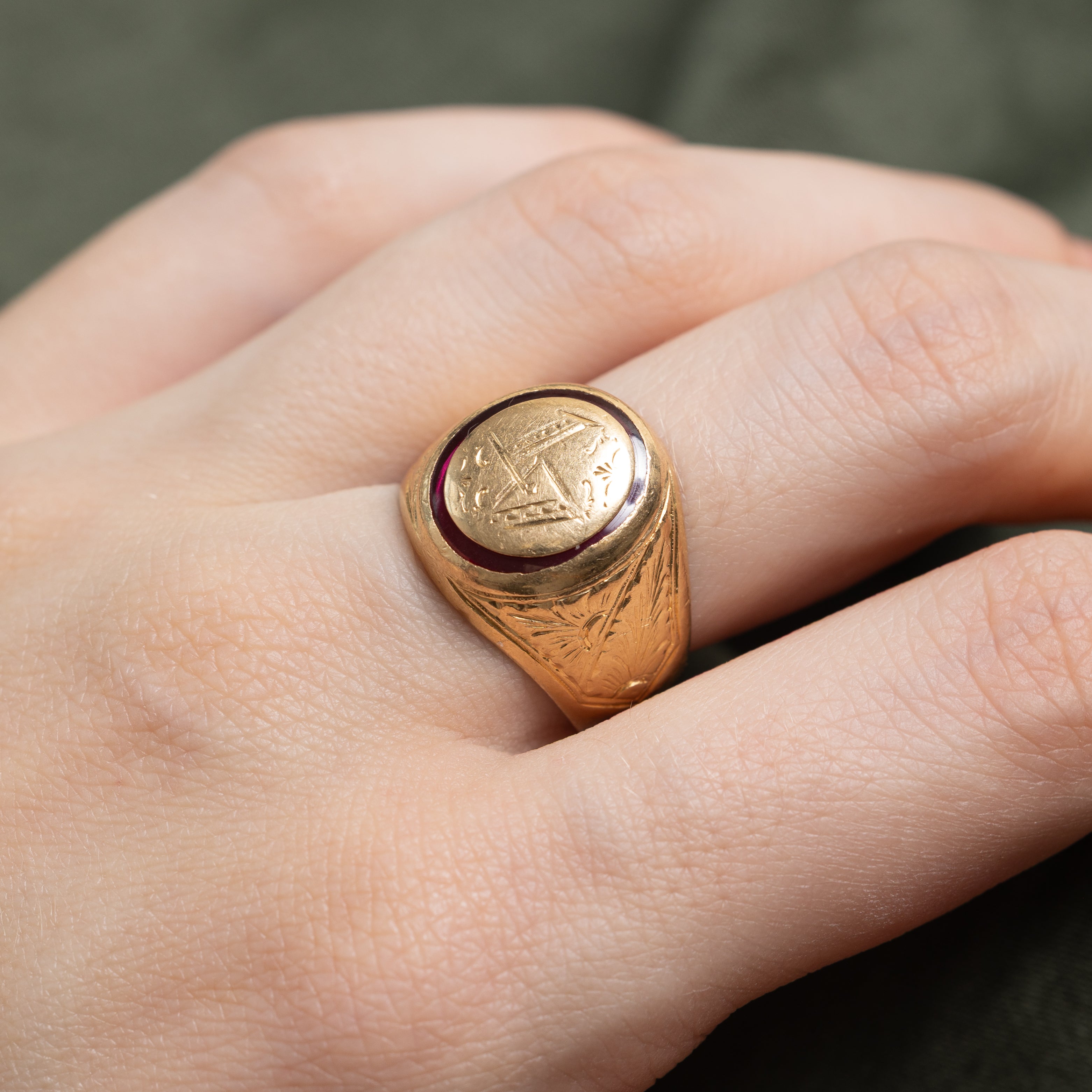 18k Synthetic Ruby "AT" Engraved Signet Ring | SZ 8