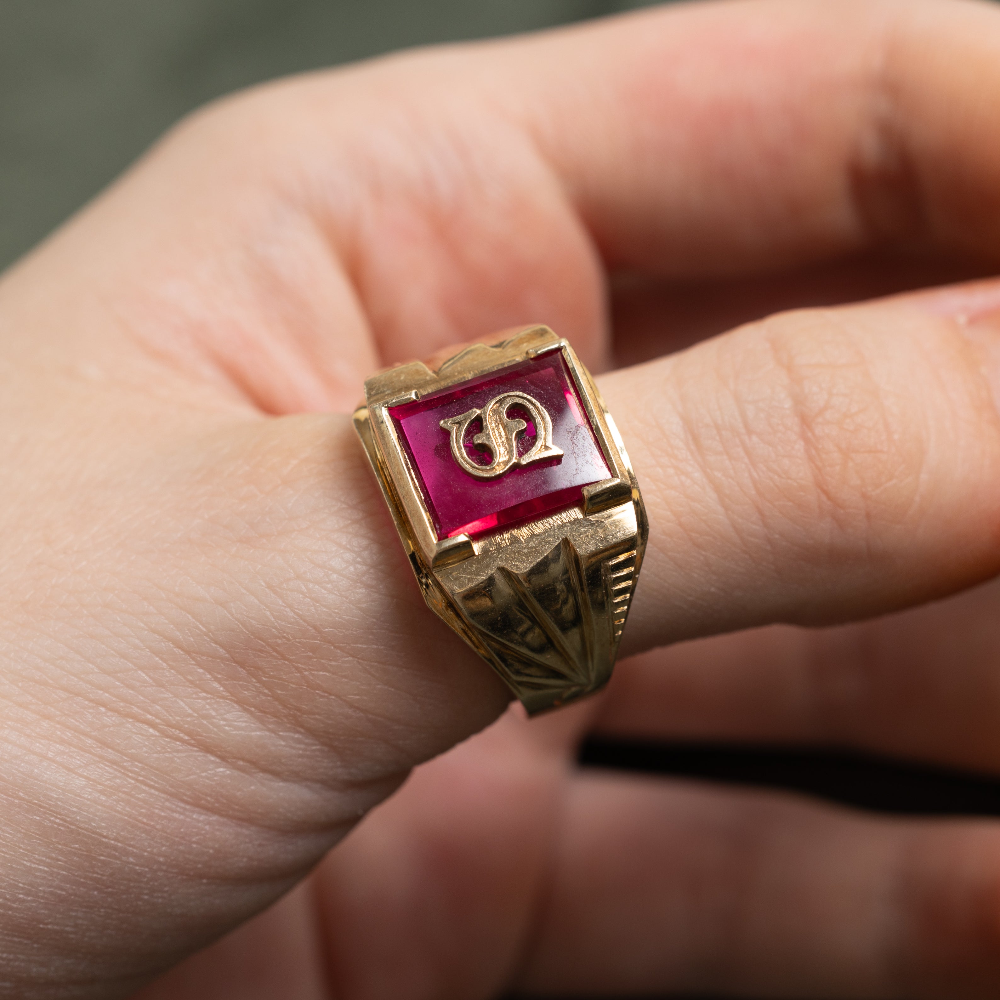 Synthetic Ruby "S" Initial Signet Ring | SZ 10