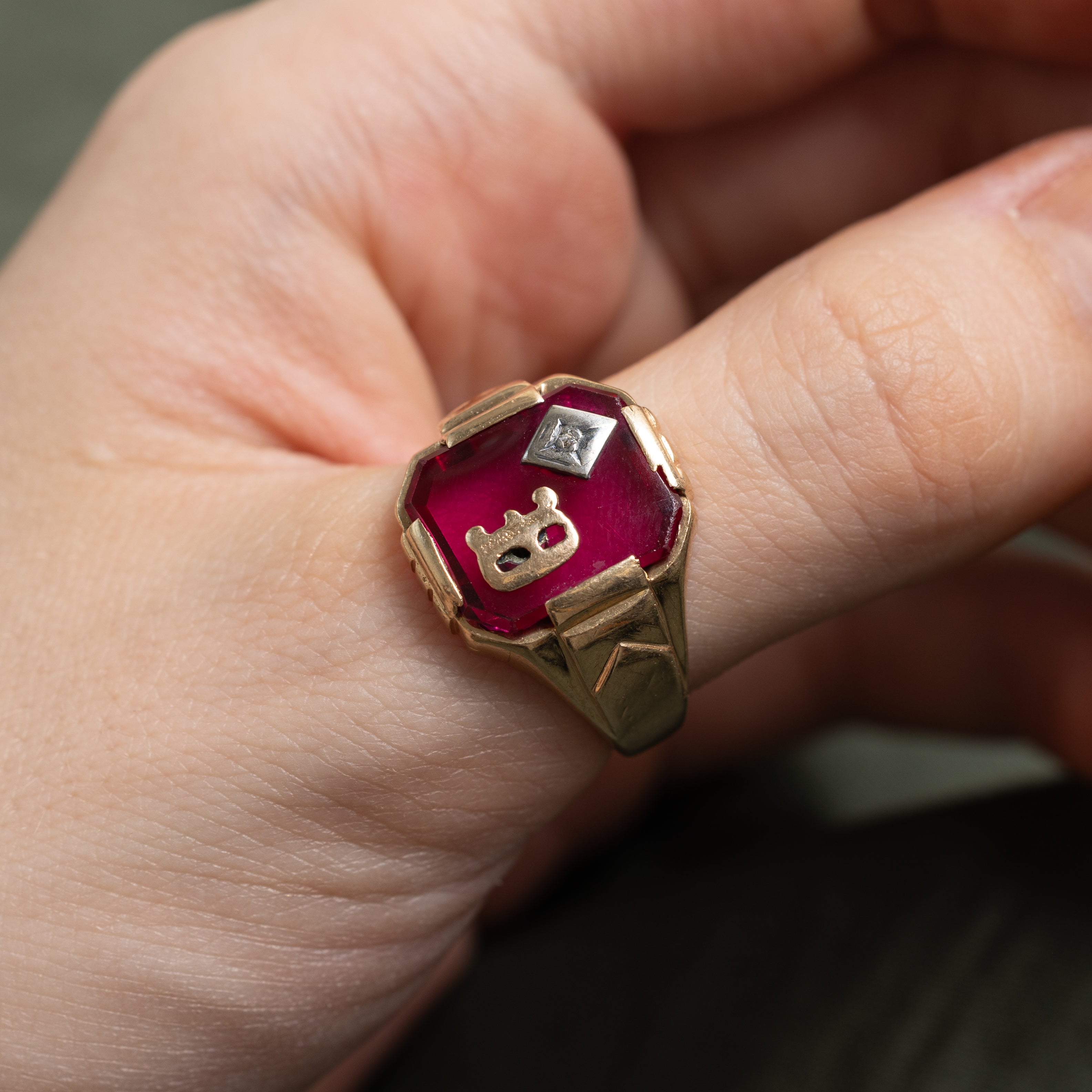 Synthetic Ruby & Natural Diamond "D" Signet Ring | SZ 9.25