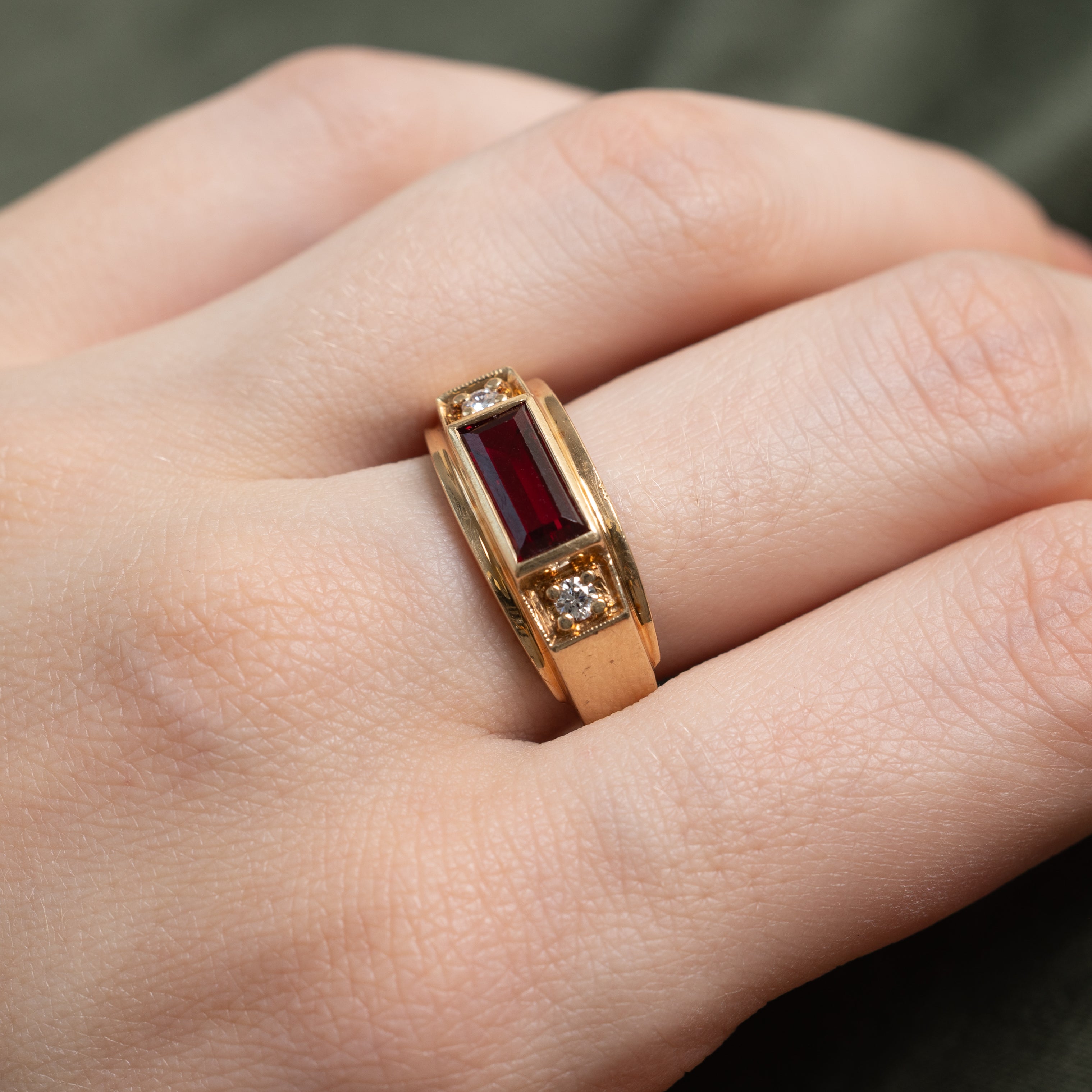 East West Synthetic Ruby & Natural Diamond Ring | SZ 10