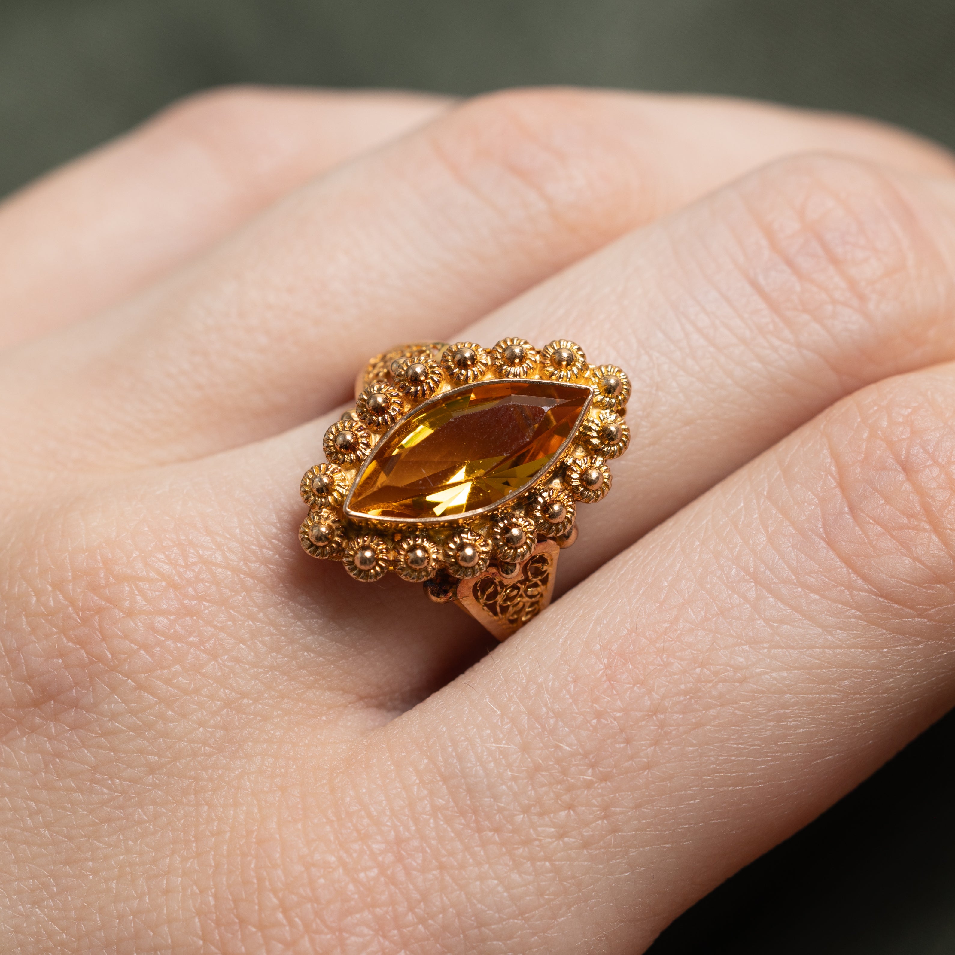 Citrine Textured Scrollwork Navette Ring | SZ 6.75