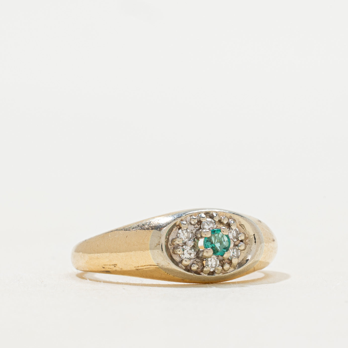 Two Tone Emerald & Diamond Oval Cluster Ring | SZ 5.75