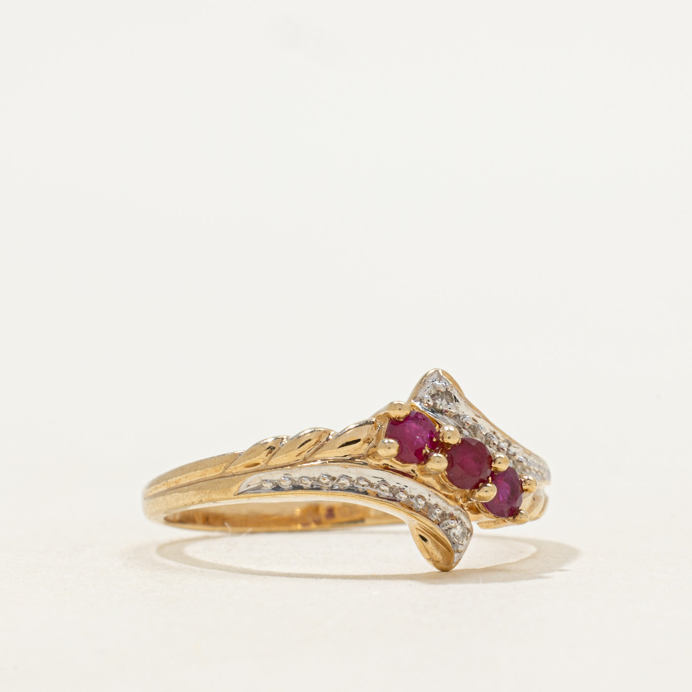 Three Stone Ruby & Diamond Bypass Ring | SZ 7