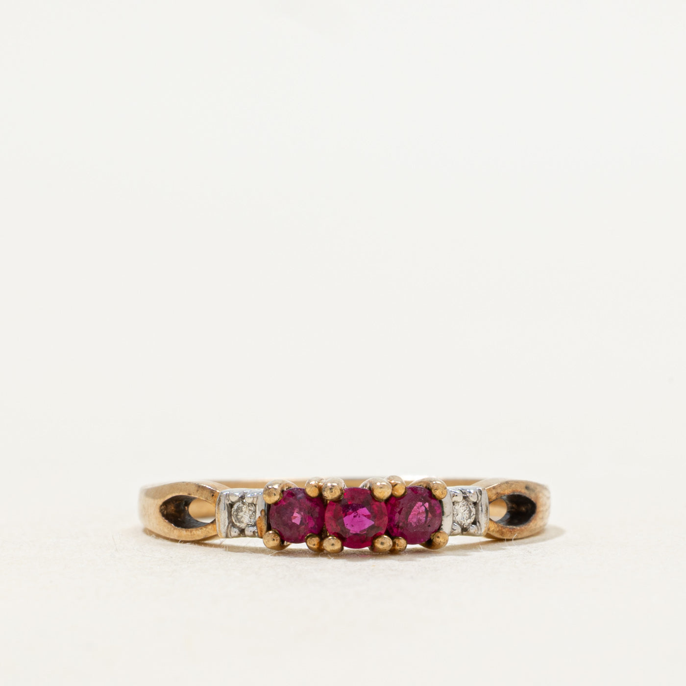 Three Stone Synthetic Ruby & Diamond Ring | SZ 6.5