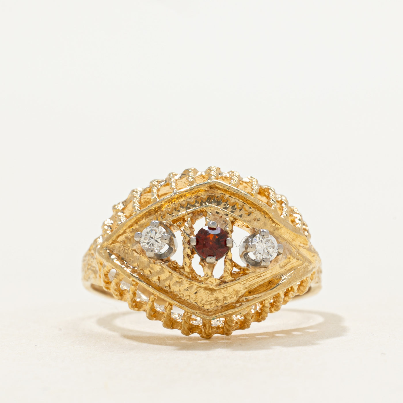 Three Stone Ruby & Diamond Textured Ring | SZ 6.25